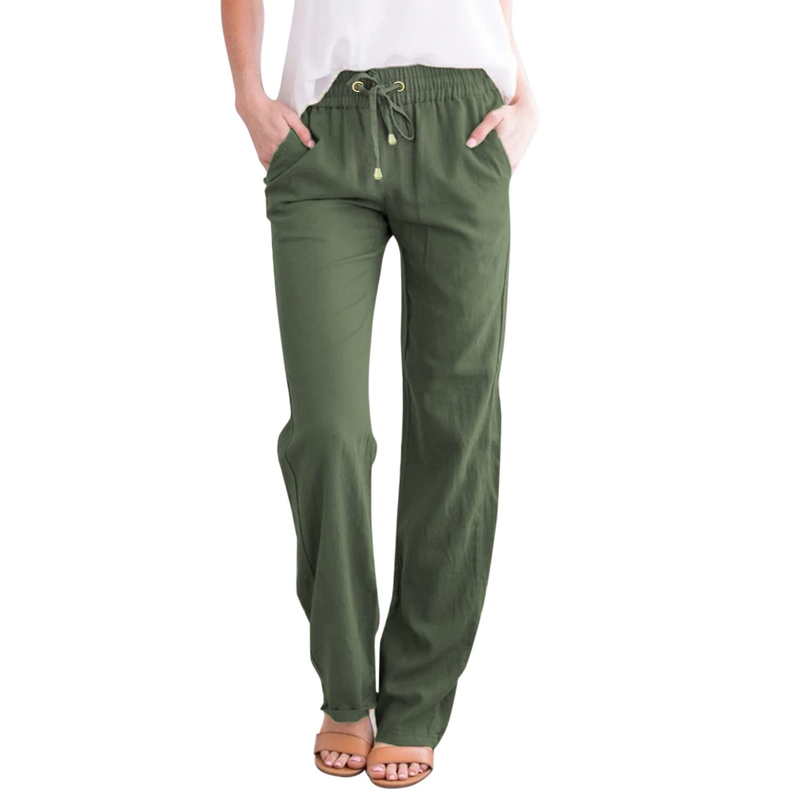 Women's High Waisted Linen Pants - Straight Leg Casual Drawstring Trousers with Pockets | Summer Beach Palazzo Pants for Travel, Yoga & Lounge Wear