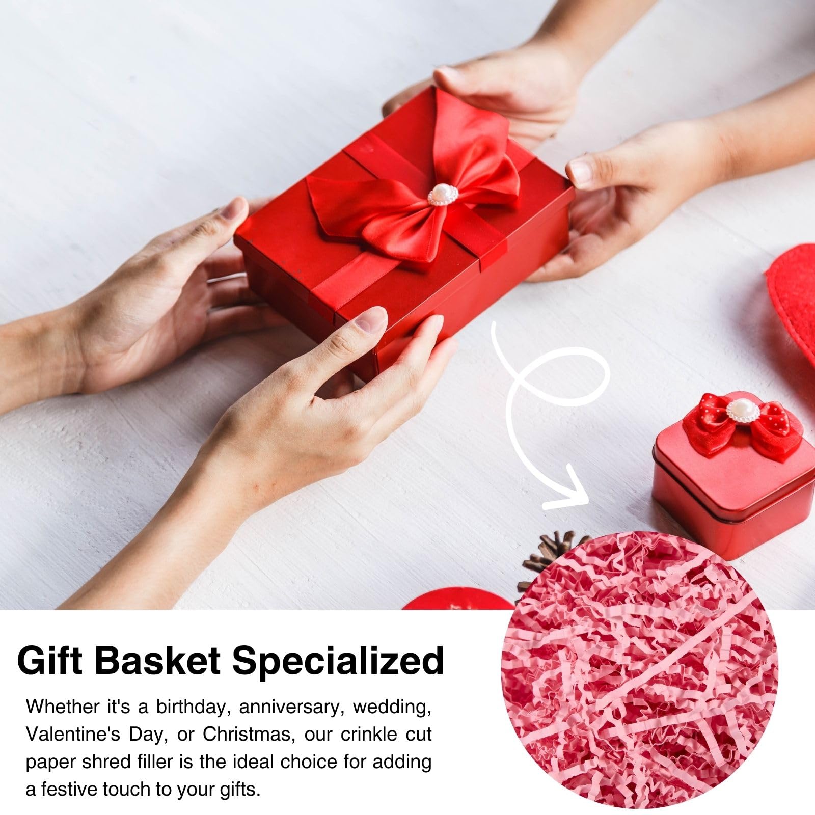 Nyvexon Crinkle Cut Paper Shred - 4.5oz Pink Shredded Paper Filler for Gift Baskets, Box Stuffing & Packing | Perfect for Christmas, Wedding, Birthday Decorations | Eco-Friendly Gift Wrapping & Party Decoration Supplies