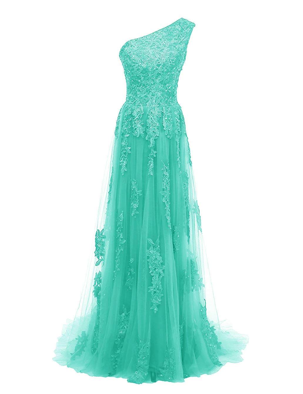 Elegant One Shoulder Evening Gown with Lace Appliques - Women's Formal Long Prom Dress for Parties, Galas & Special Occasions