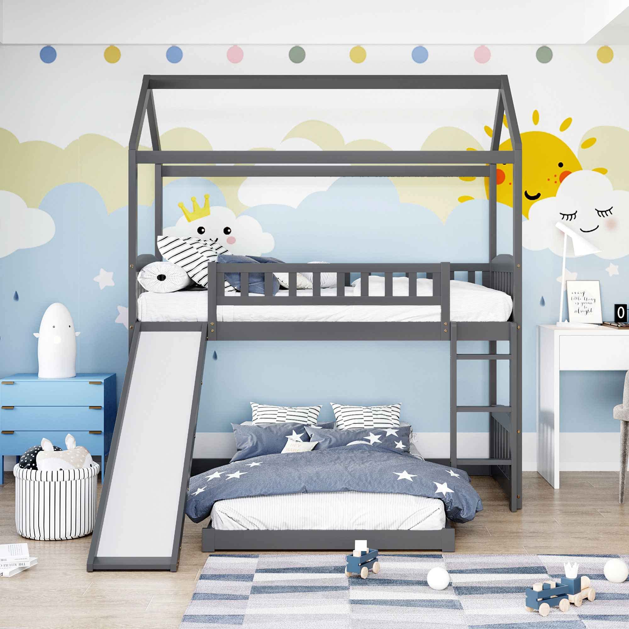 ATY House Twin Over Twin Wooden Bunk Bed for Kids with Slide, Roof, Guardrail & Ladder - No Box Spring Needed - Space-Saving Gray Bunkbed for Bedrooms, Guest Rooms & Vacation Homes
