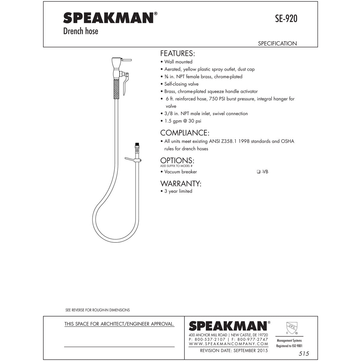 Speakman SE 920 Drench Hose - High Pressure Shower Head with Adjustable Spray, Chrome Finish, Ideal for Bathroom, Spa & Gym Use