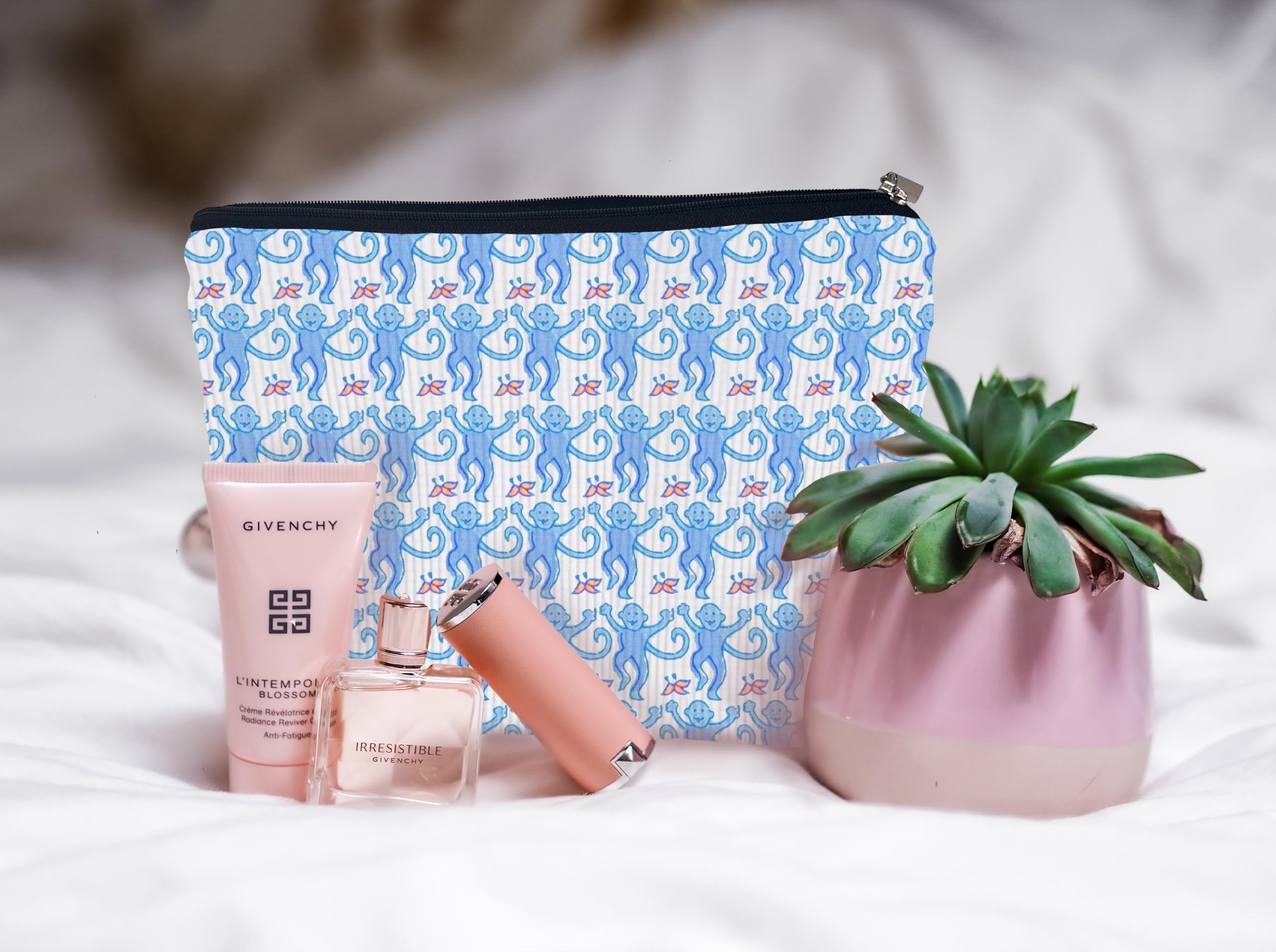 **Ayxvt Preppy Corduroy Makeup Bag for Women | Pink & Blue Zippered Travel Toiletry Pouch | Cute Gifts for Teen Girls & Monkey Lovers | Perfect for Travel, Gym & Daily Cosmetics Storage**