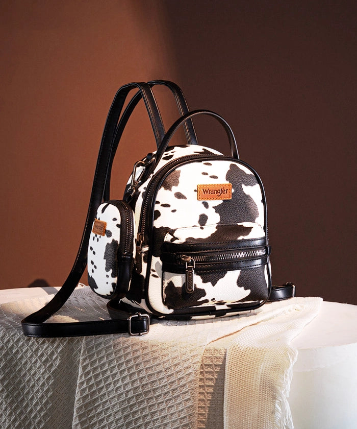 Wrangler Cow Print Mini Backpack for Women - Trendy Western Style Small Purse for Travel, School & Daily Use