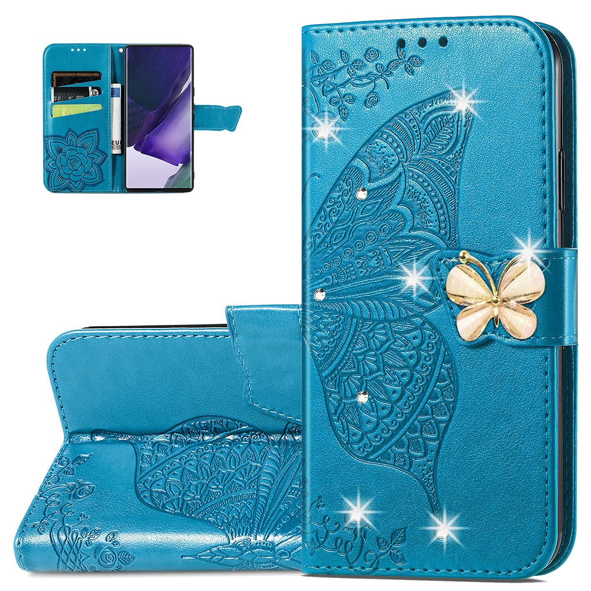 Butterfly Pattern PU Leather Wallet Case for iPhone 13 Pro Max - Magnetic Clasp & Card Holder Cover with Rhinestones (Blue) | Perfect for Everyday Use, Travel, and Secure Storage of Cards & Cash