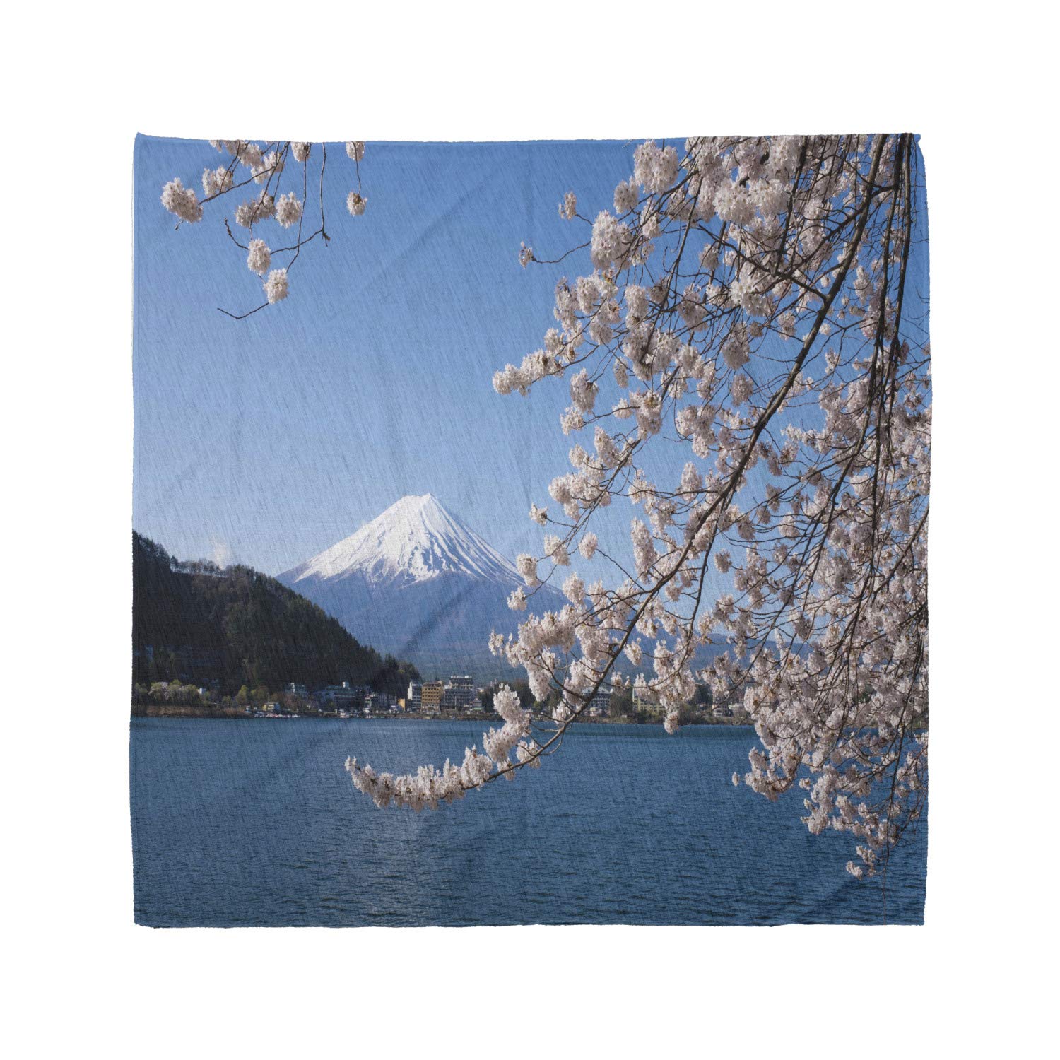Ambesonne Mountain Bandana - Japan Lake Cherry Blossoms Print - Unisex Head & Neck Scarf for Hiking, Cycling & Outdoor Adventures