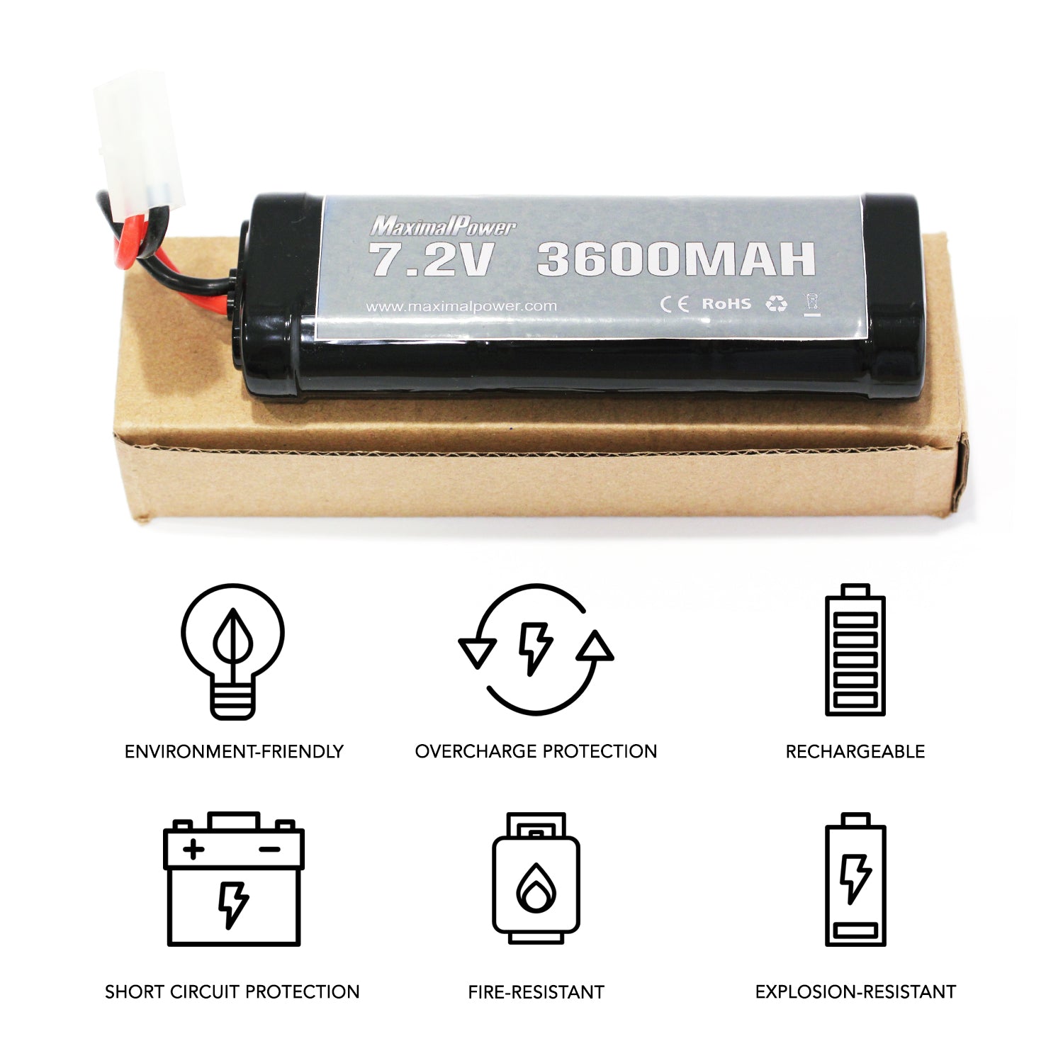 MaximalPower 7.2V 3600mAh Rechargeable Battery Pack for RC Cars, Trucks, Airplanes & Remote Control Vehicles - Long Lasting Power for Hobby Toys & Racing Drones (Perfect for Outdoor Play & RC Competitions)