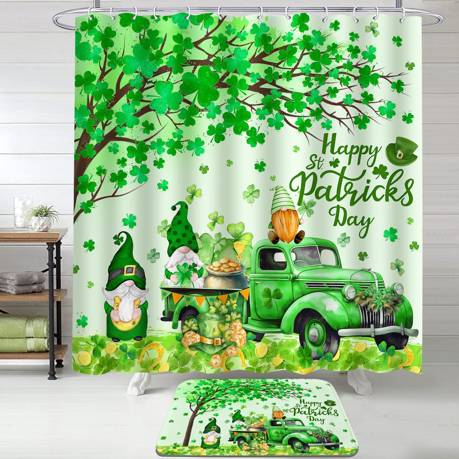 St. Patrick's Day Shower Curtain Set with Hooks & Bath Mat - Irish Gnome Themed Bathroom Decor for St. Paddy's Day Celebration - Perfect for Holiday Bathroom Makeover & Leprechaun Party Decorations