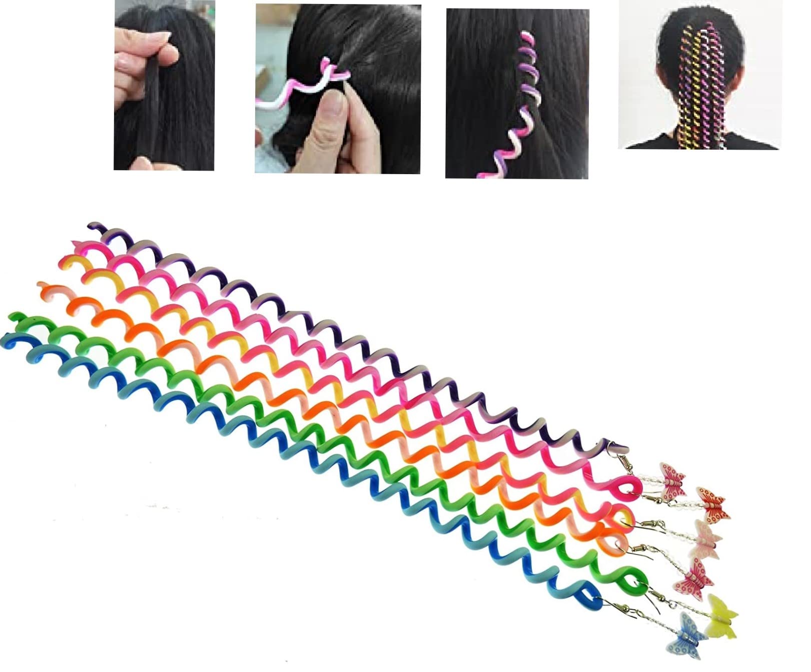 Mytoptrendz® 6-Pack Long Spiral Swirl Twister Braider Clips - Flexible Wire Hair Twist Styling Wraps with Colorful Butterfly Charms & Crystal Beads - Perfect for Girls Hair Accessories, Braiding, and Party Hairstyles