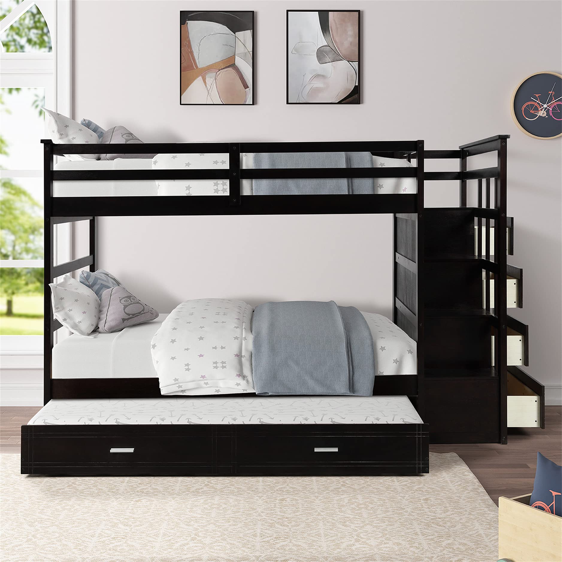 Solid Wood Twin Bunk Bed with Trundle, Storage & Stairs - Space-Saving Kids' Room Solution