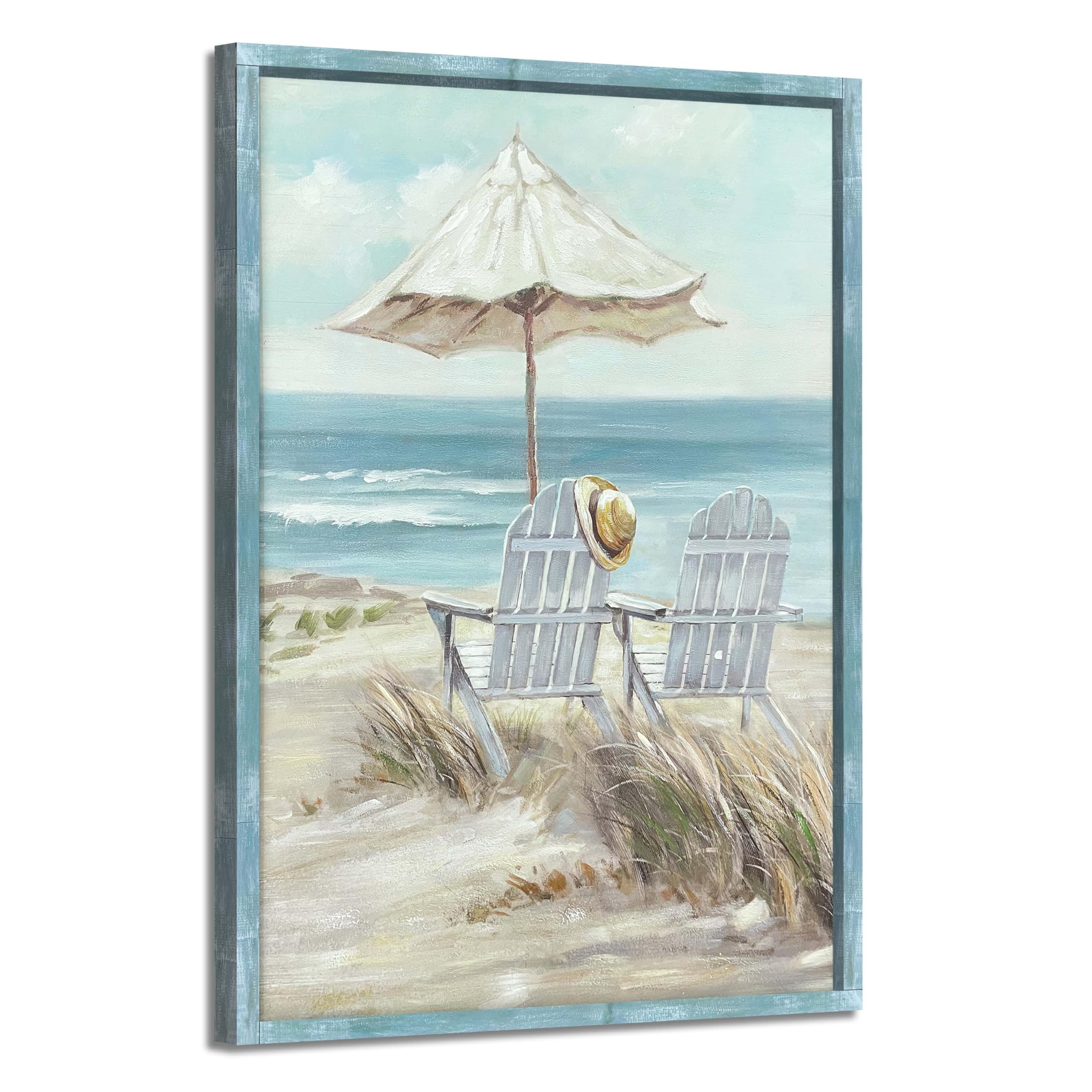 Rustic Coastal Framed Wall Art - Abstract Beach Chair Ocean Painting Print, Calming Seascape Wooden Artwork Decor for Living Room, Bedroom & Beach House | Coastal Home Decor & Wall Hanging Picture