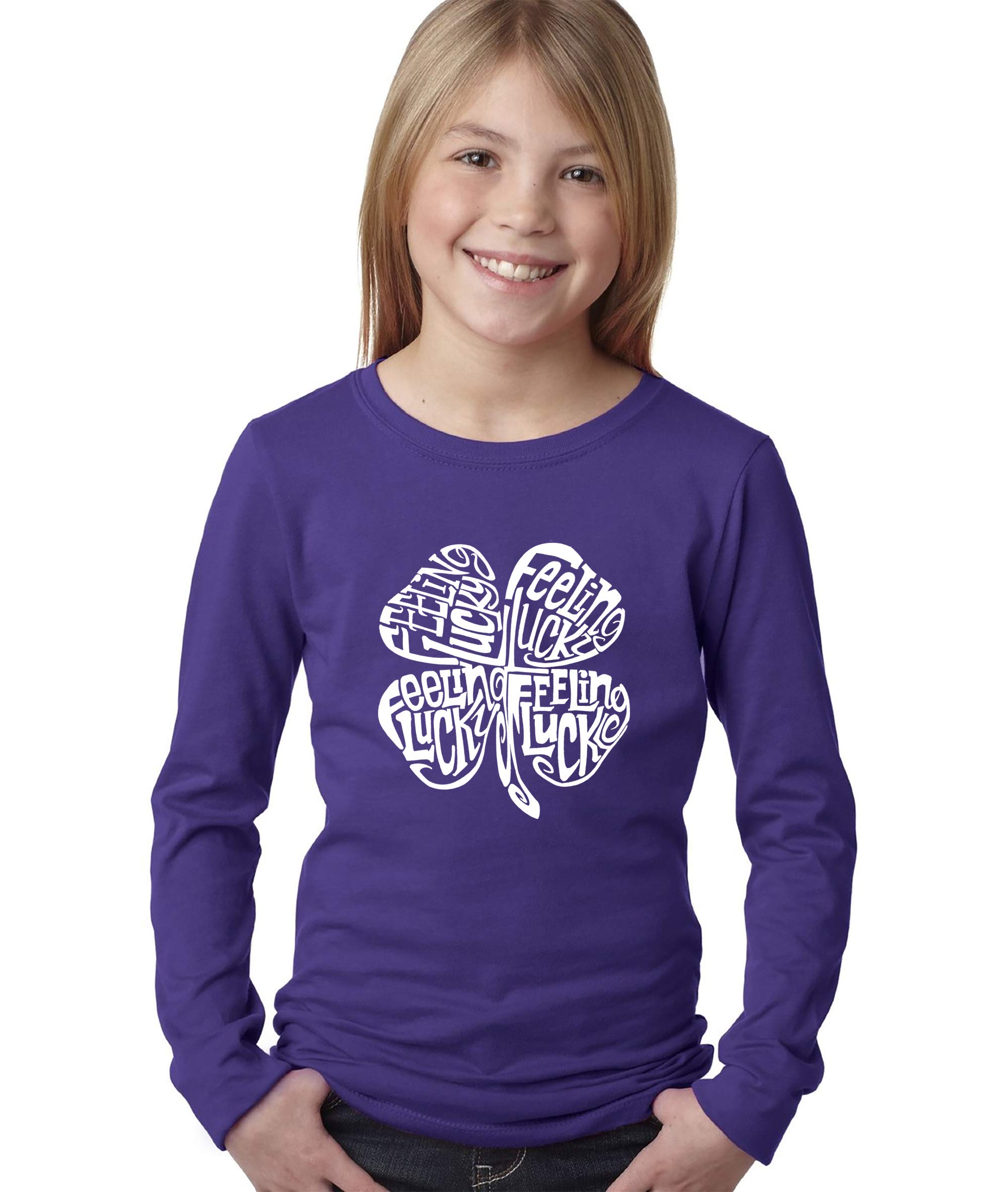 LA POP ART Girls' Word Art Long Sleeve T-Shirt - Feeling Lucky Graphic Tee for Casual Wear, School & Street Style