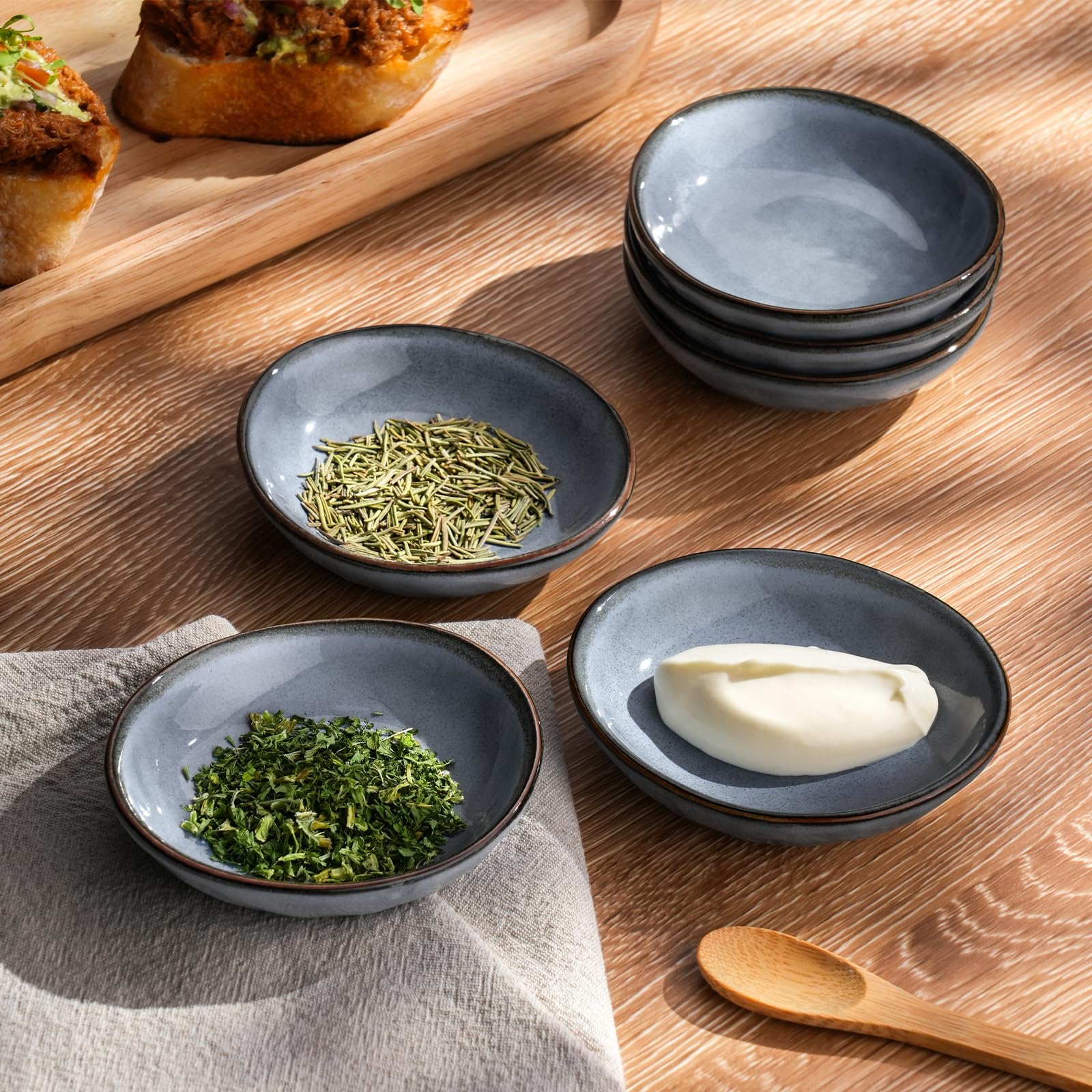 Famiware 6-Piece Ceramic Soy Sauce Dishes Set, 2.1oz Oval Dipping Bowls for Sushi, Appetizers, Snacks - Reactive Glaze, Dishwasher Safe, Blue - Perfect for Japanese Restaurants, Home Kitchens & Party Serving
