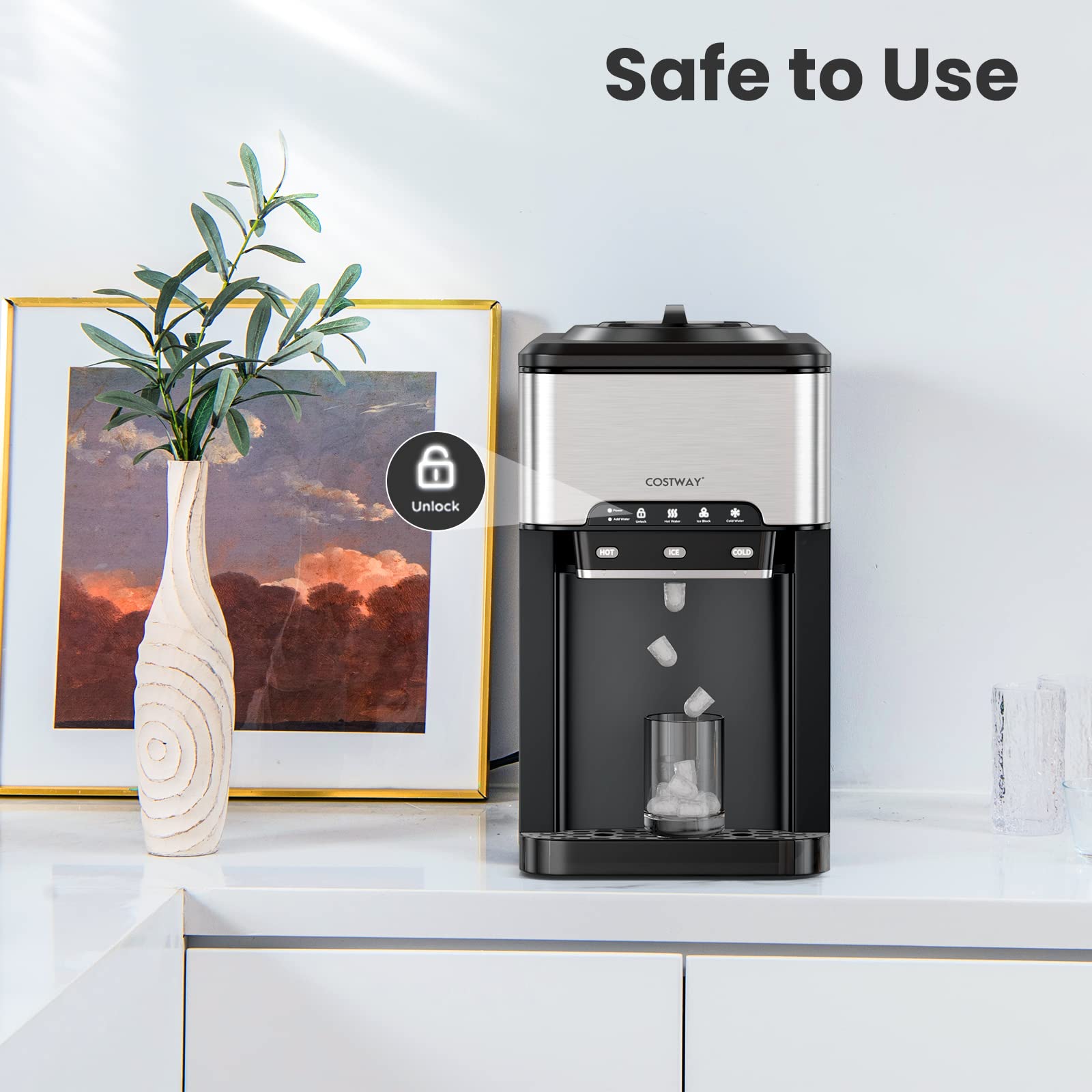 COSTWAY 3-in-1 Countertop Water Dispenser with Ice Maker | 3-5 Gallon Bottle Capacity | Hot & Cold Water Cooler | Safety Lock | 48Lbs/24H Ice Production | 12 Cubes, 4Lbs Storage Basket | Ideal for Home, Office, and Kitchen Use