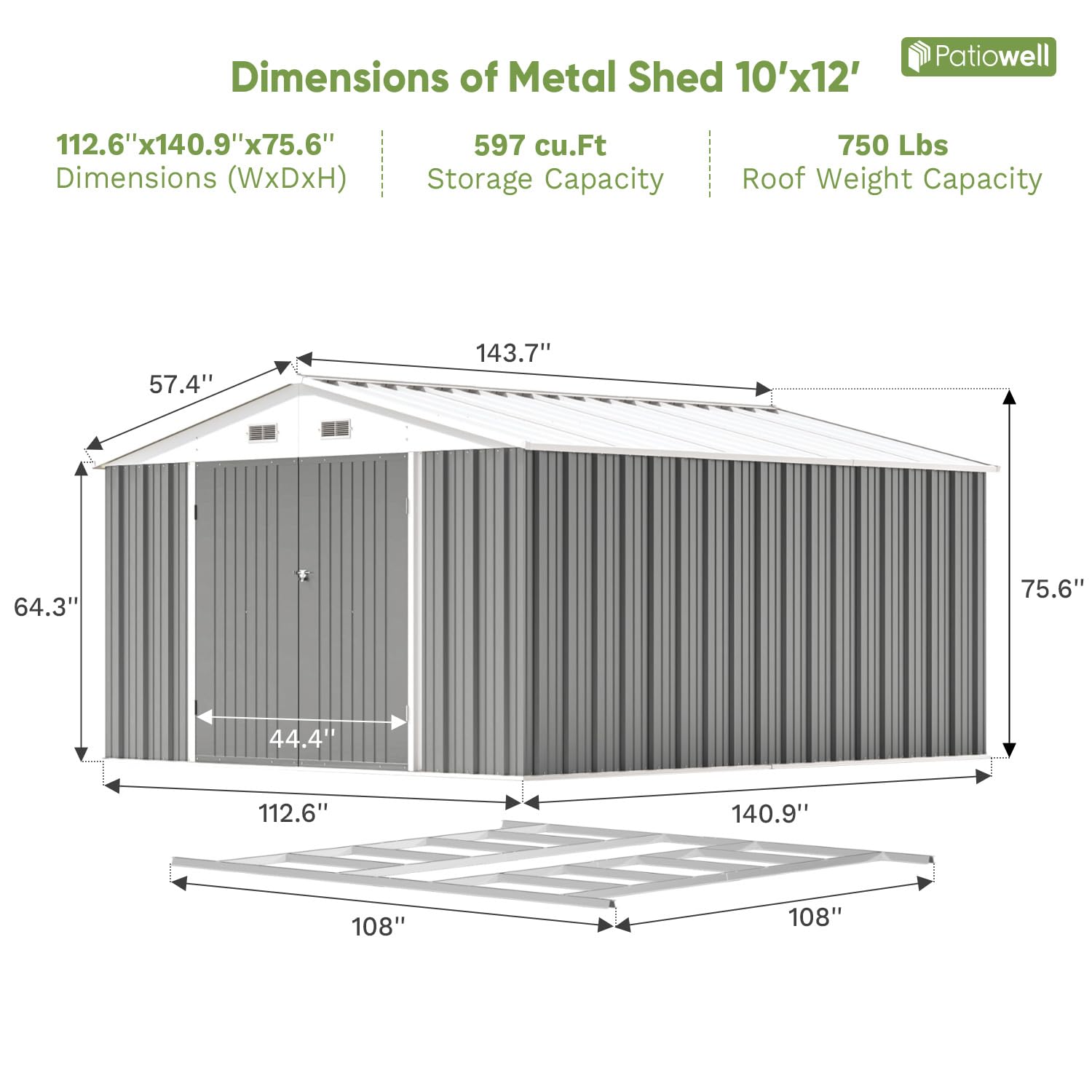 10x12 FT Outdoor Storage Shed with Floor Frame - Heavy Duty Metal Garden Tool Shed with Sloping Roof & Double Lockable Doors - Perfect for Backyard, Patio, Lawn Equipment & Seasonal Storage (Grey)