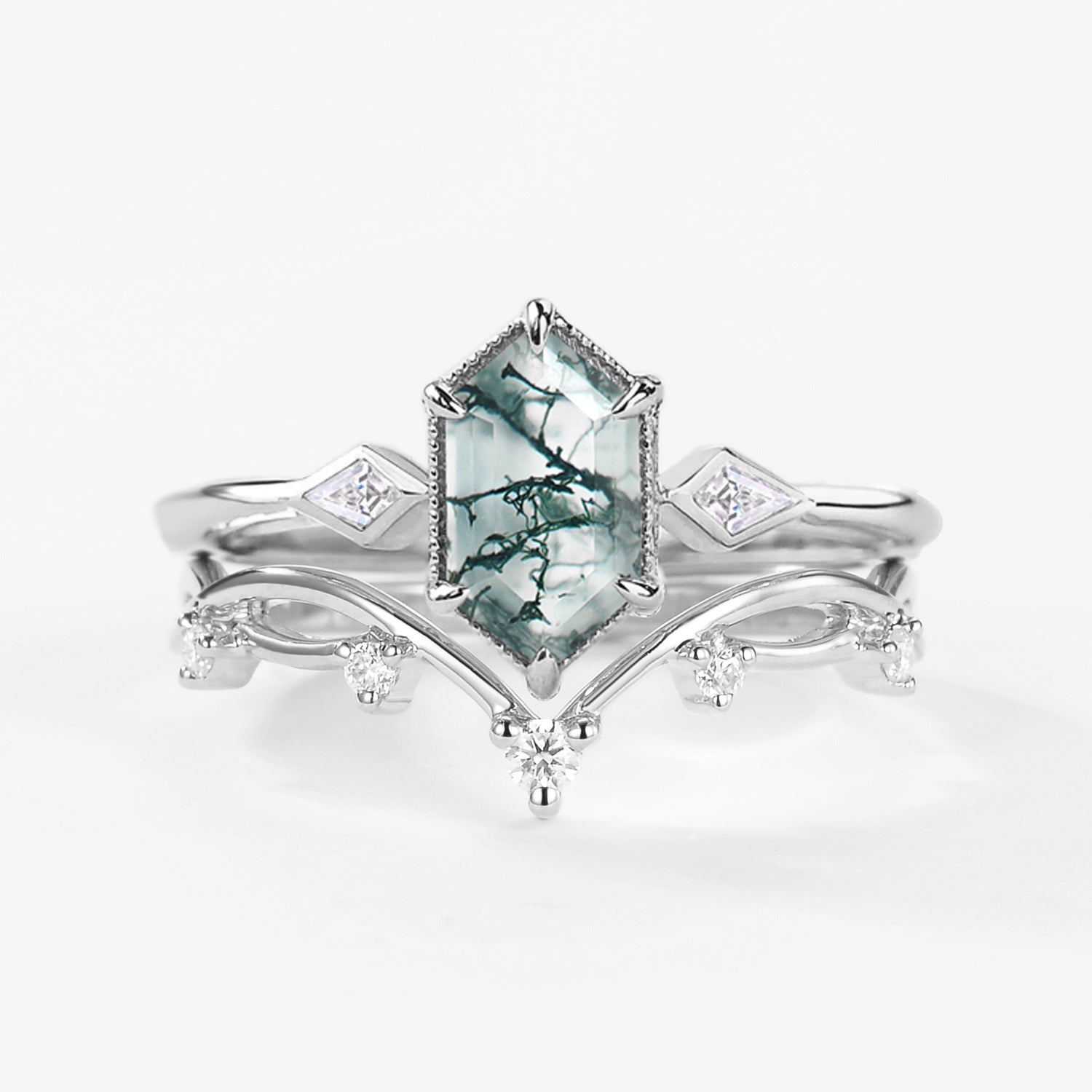 1.5ct Hexagon Moss Agate Three Stone Kite Ring Set - 2 Piece Wedding Band & Engagement Ring Set for Women, Perfect for Proposals, Anniversaries and Special Occasions
