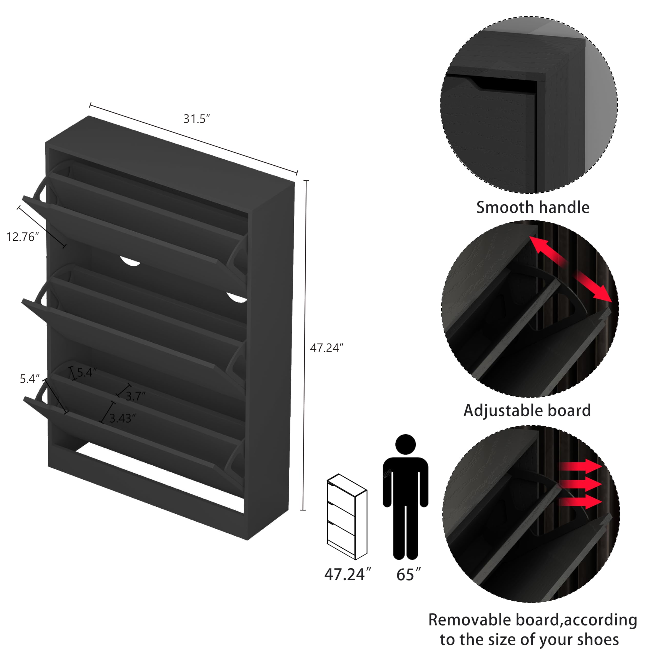 Narrow Shoe Storage Cabinet with 3 Flip Drawers - Freestanding Organizer for Entryway & Hallway - Black