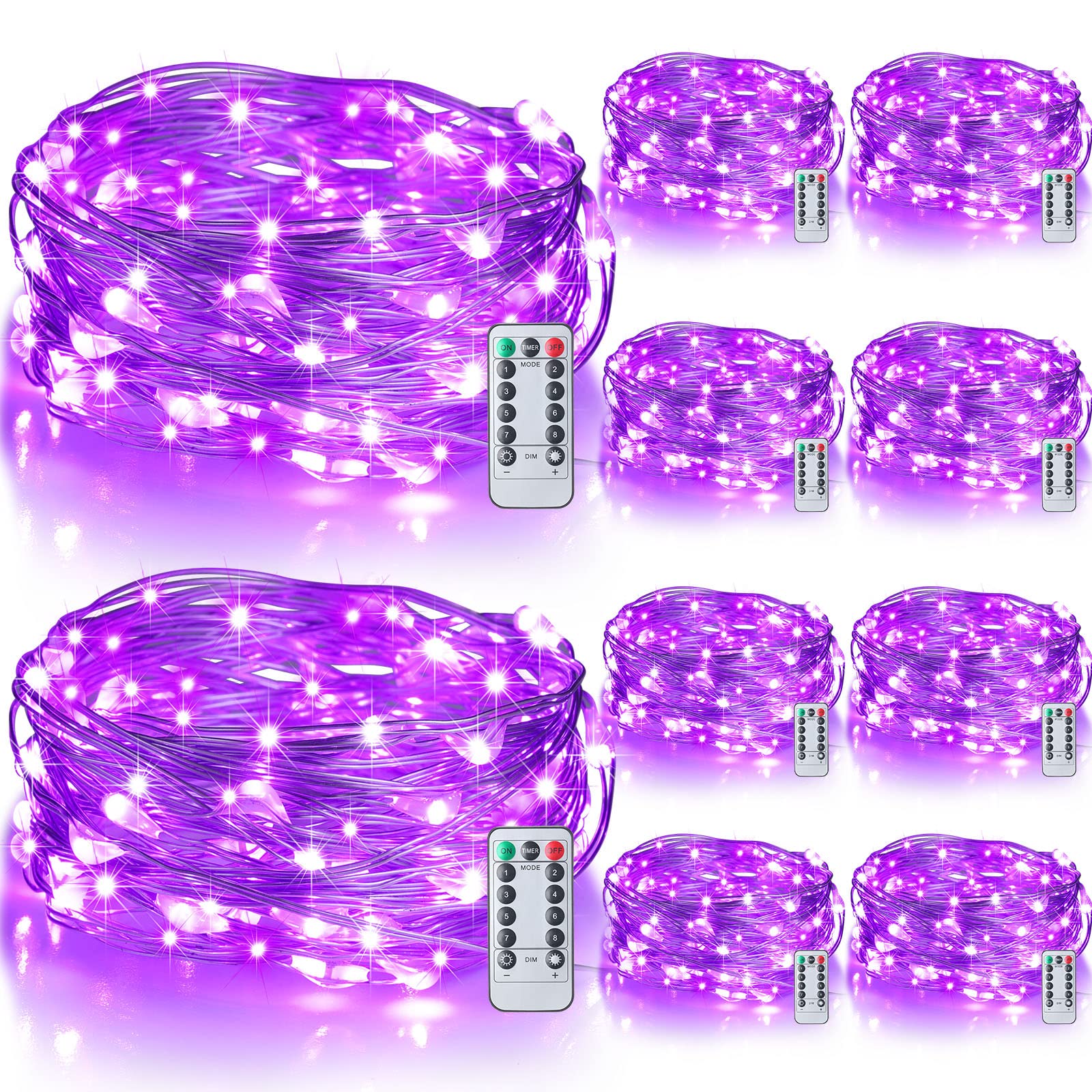 10 Pack 20ft 60 LED Fairy Lights - Battery Operated String Lights with Remote Control, 8 Lighting Modes, Waterproof for Indoor & Outdoor Use - Perfect for Bedroom, Wedding, Party, Halloween, Christmas Decor (Purple)