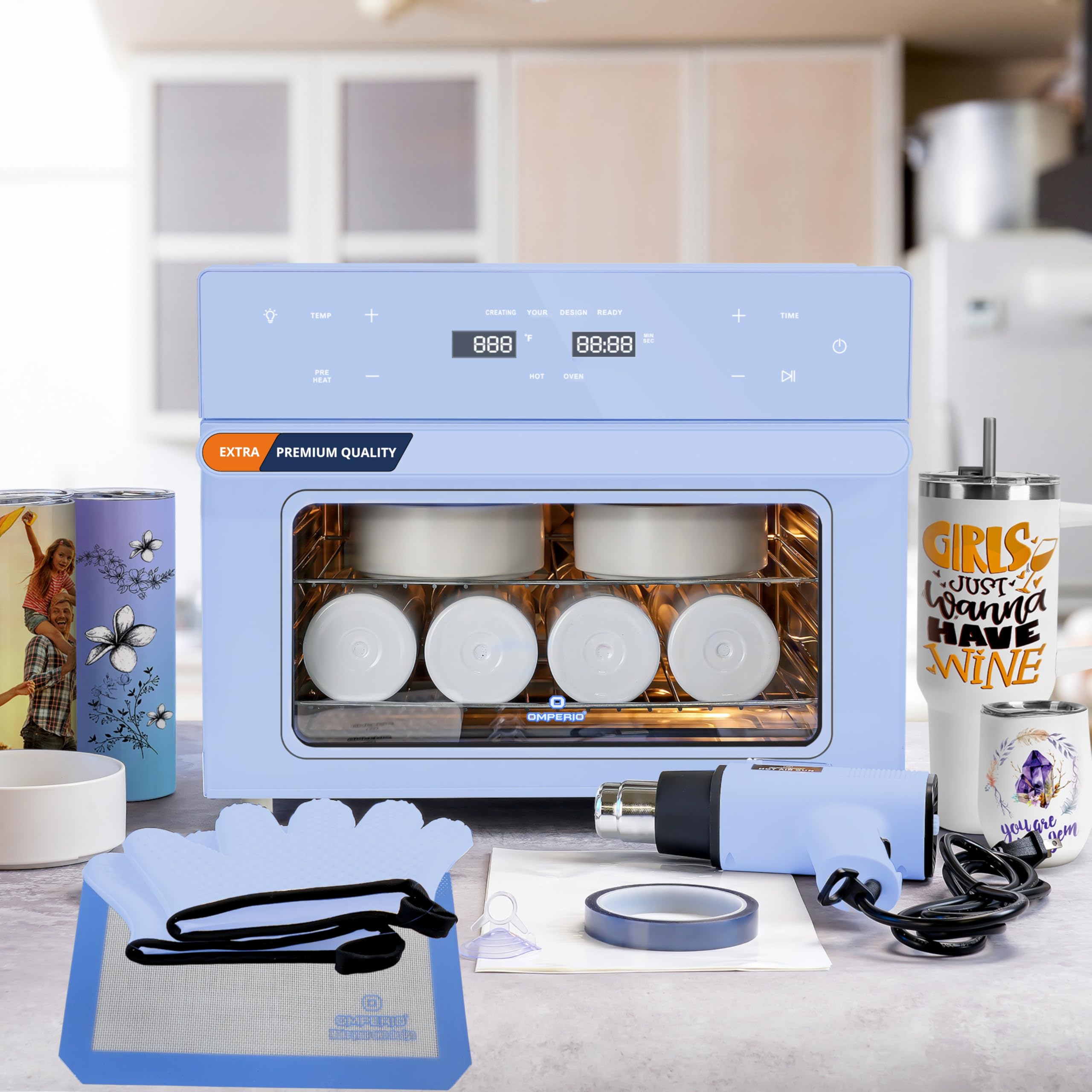 **OMPERIO 32Qt 1800W Sublimation Oven for Tumblers, Mugs, Bottles & More - 110V Convection Oven with Heat Gun, Shrink Wrap, Gloves & Tape - Perfect for DIY Crafts, Custom Gifts & Small Business Printing (Blue)**