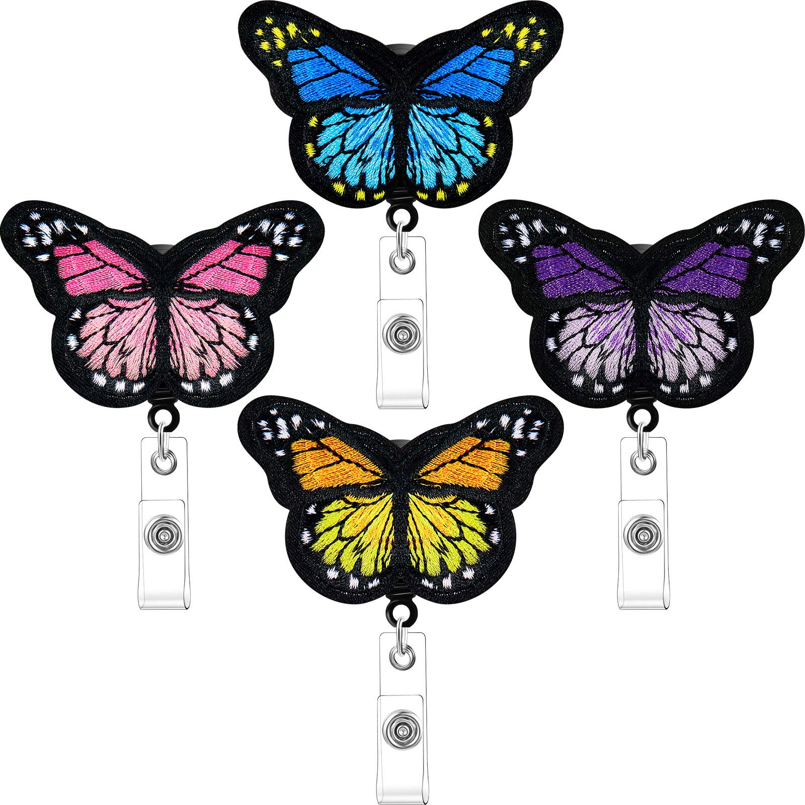4-Pack Cute Butterfly Badge Reels with Retractable Lanyard & Alligator Clips - Nurse ID Holder for Healthcare Workers, Teachers, Students & Volunteers (Pink, Yellow, Cyan, Purple) - Perfect for Hospitals, Schools & Office Identification