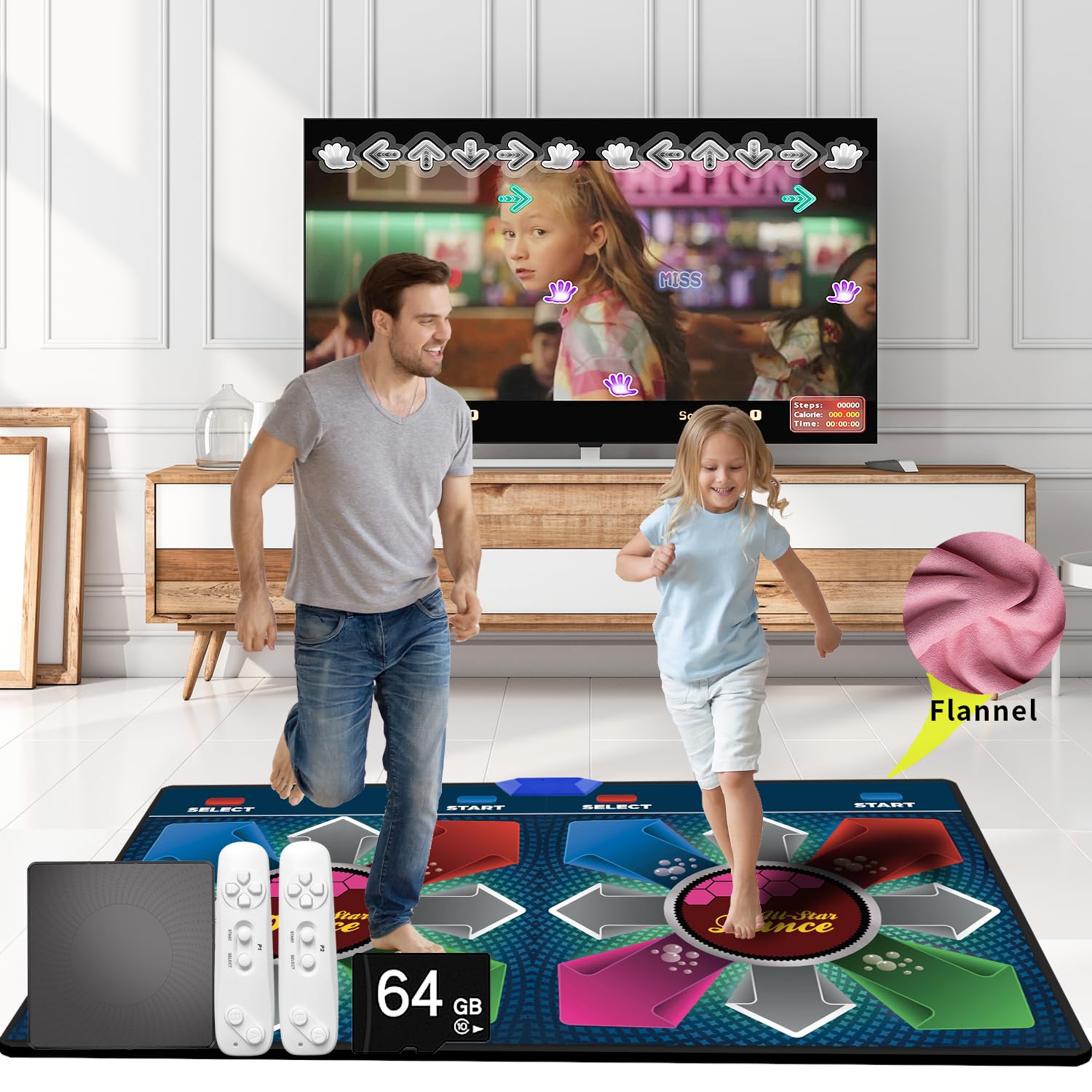 Kids & Adults Music Double Dance Mat with 64GB Memory Card - Fitness Dance Game Mat with MV/3D/Cartoon Modes, 81 Music Videos, 885 Songs & 1000 Games for HDMI TV - Soft Flannel Material for Family Fun, Parties & Home Workouts