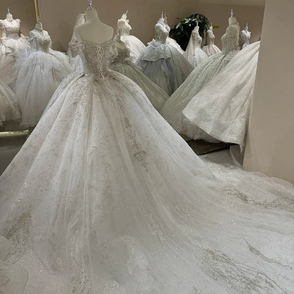 Elegant White Off Shoulder Sleeveless Wedding Gown with Long Train - Perfect for Bridal Ceremony, Formal Events & Romantic Photos