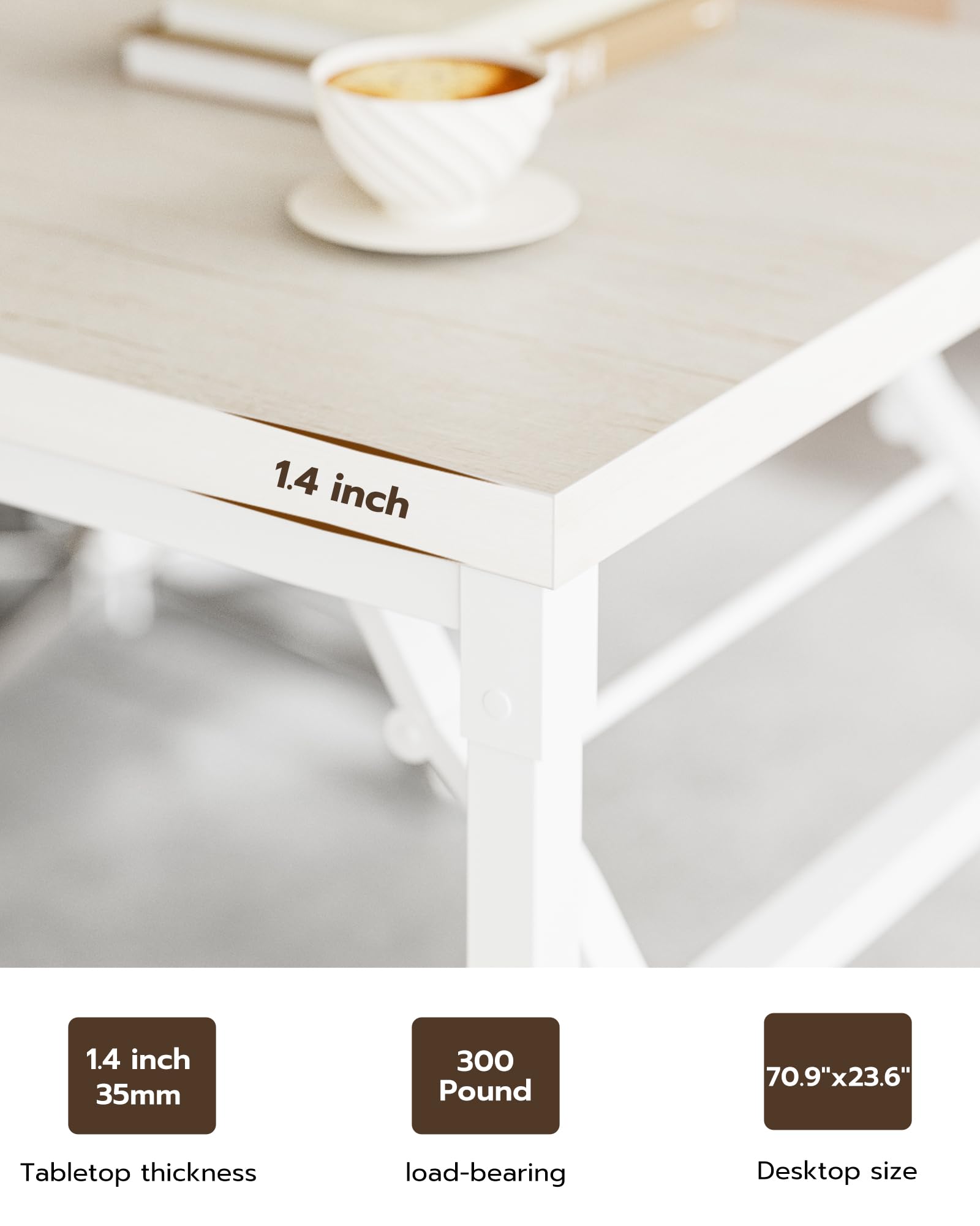 70 Inch TEMI Computer Desk - Large Wooden Folding Desk for Home Office | Executive Writing & Gaming Desk | Space-Saving Foldable Work Table (No Assembly Required, White) - Perfect for Small Spaces, Remote Work & Gaming Setups
