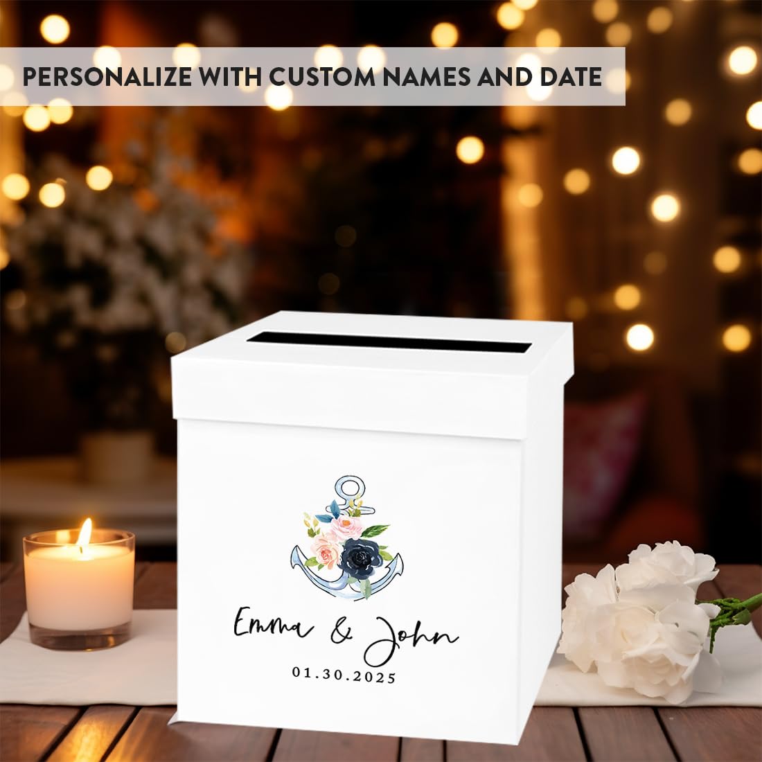 Personalized Wedding Card Box 10x10x10 - Nautical Beach Florals for Wedding Gifts & Cards
