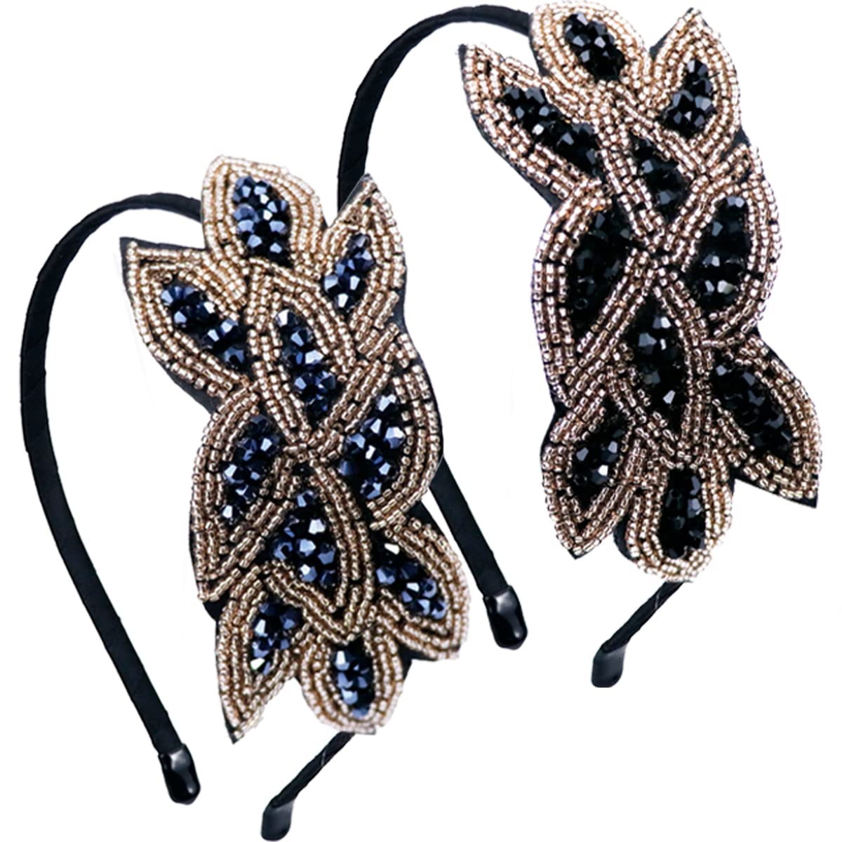 1920s Vintage Rhinestone Beaded Leaf Headbands for Women - 2 Pack Black & Navy Blue Hair Accessories for Costume Party, Gatsby Theme, Flapper Dance or Retro Fashion Events