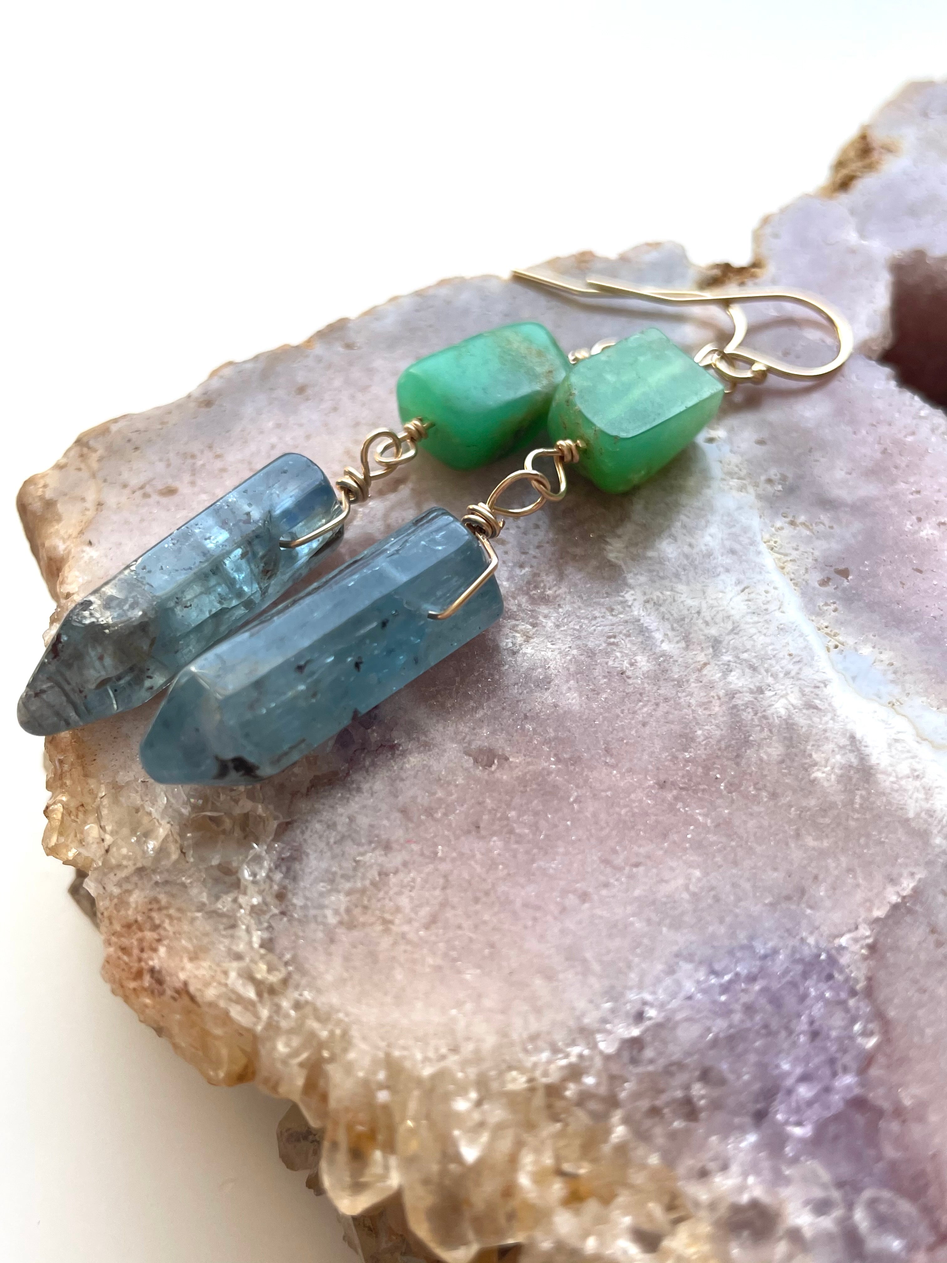 Natural Blue Kyanite & Chrysoprase Crystal Earrings - 14K Gold Filled Dangle Earrings for Women - Healing Stone Jewelry for Meditation, Yoga & Spiritual Gifts