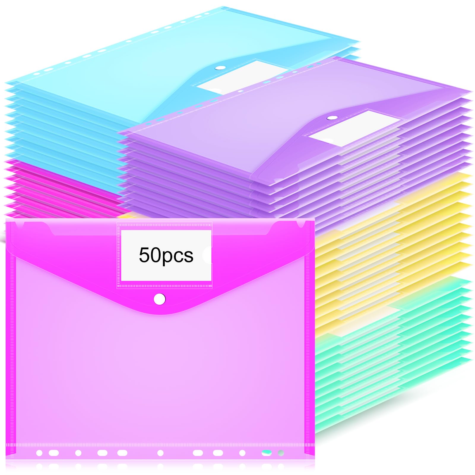 Fuutreo 50 Pack 3-Ring Binder Pockets - Plastic Sheet Protector Envelopes with Snap Button, 11-Hole Design for 2/3/4 Ring Binders - Expandable File Organizer with Label for School, Office & Home Organization