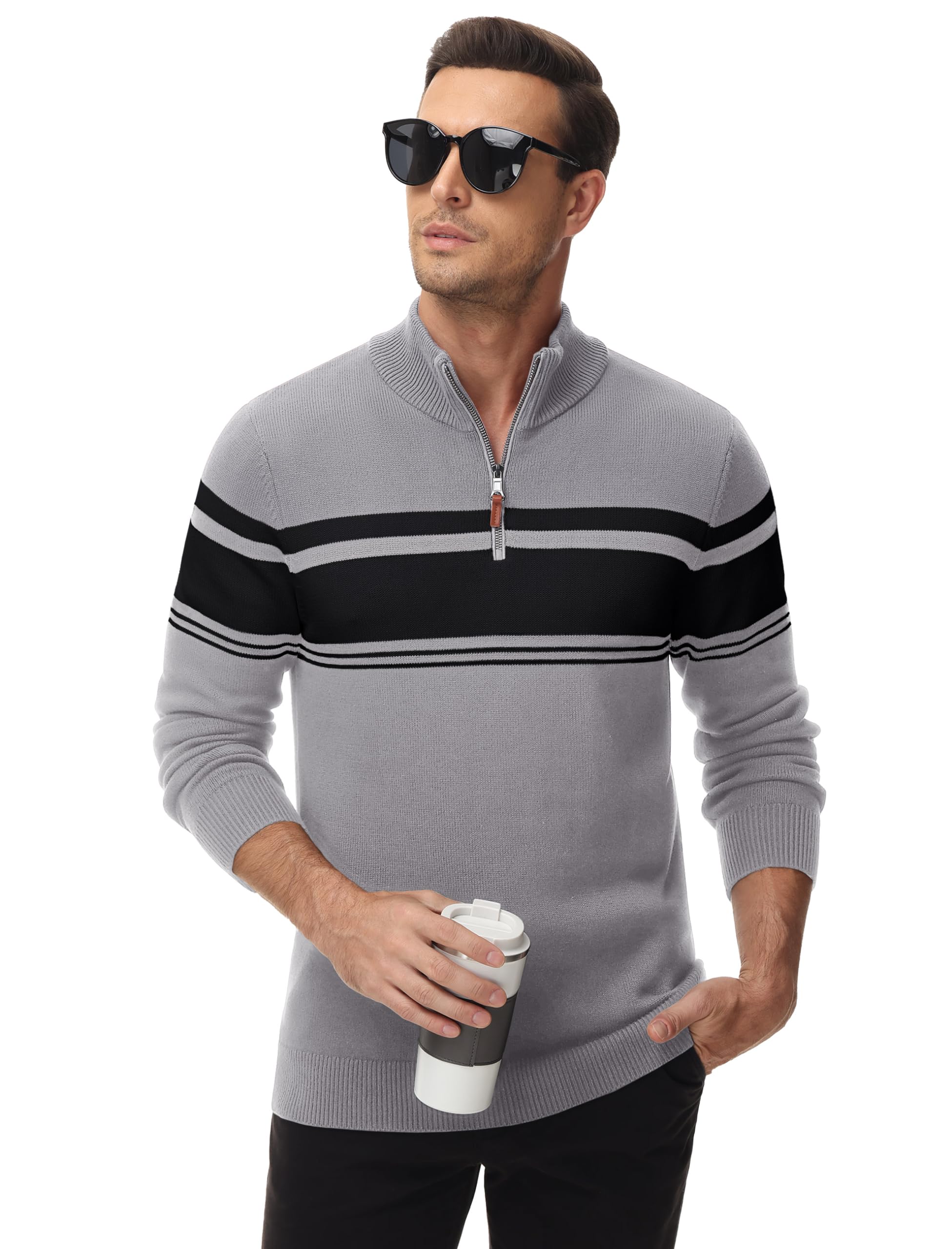 MAGCOMSEN Men's 1/4 Zip Cotton Sweater Pullover - Striped Polo Sweatshirt for Fall & Winter | Warm Casual Knit Top for Work, Outdoor Activities & Everyday Wear