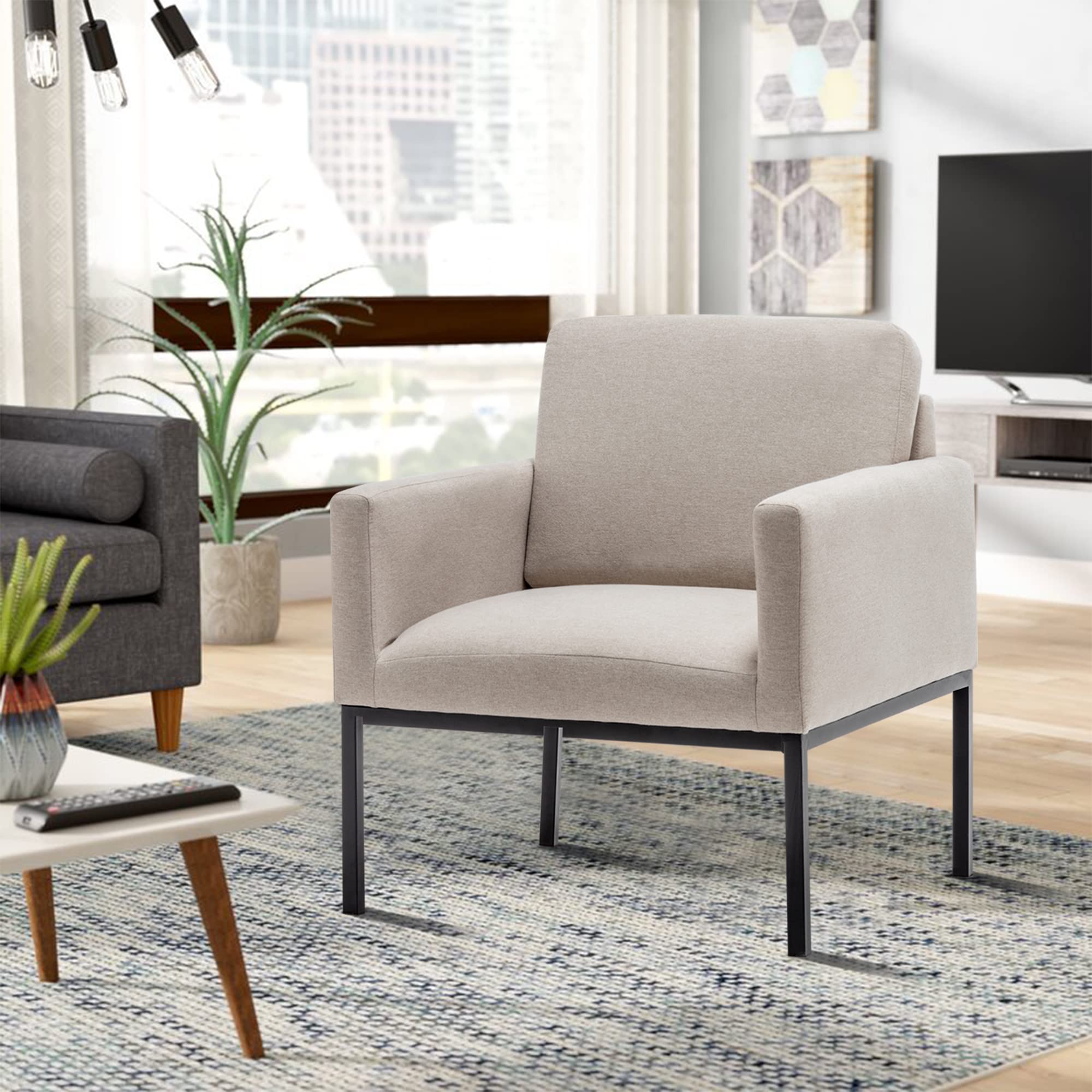 Andeworld Mid-Century Modern Accent Chair - Light Khaki Upholstered Armchair for Living Room, Bedroom & Apartment - Perfect for Reading, Lounging & Relaxing - Elegant Home Decor & Comfortable Seating Solution