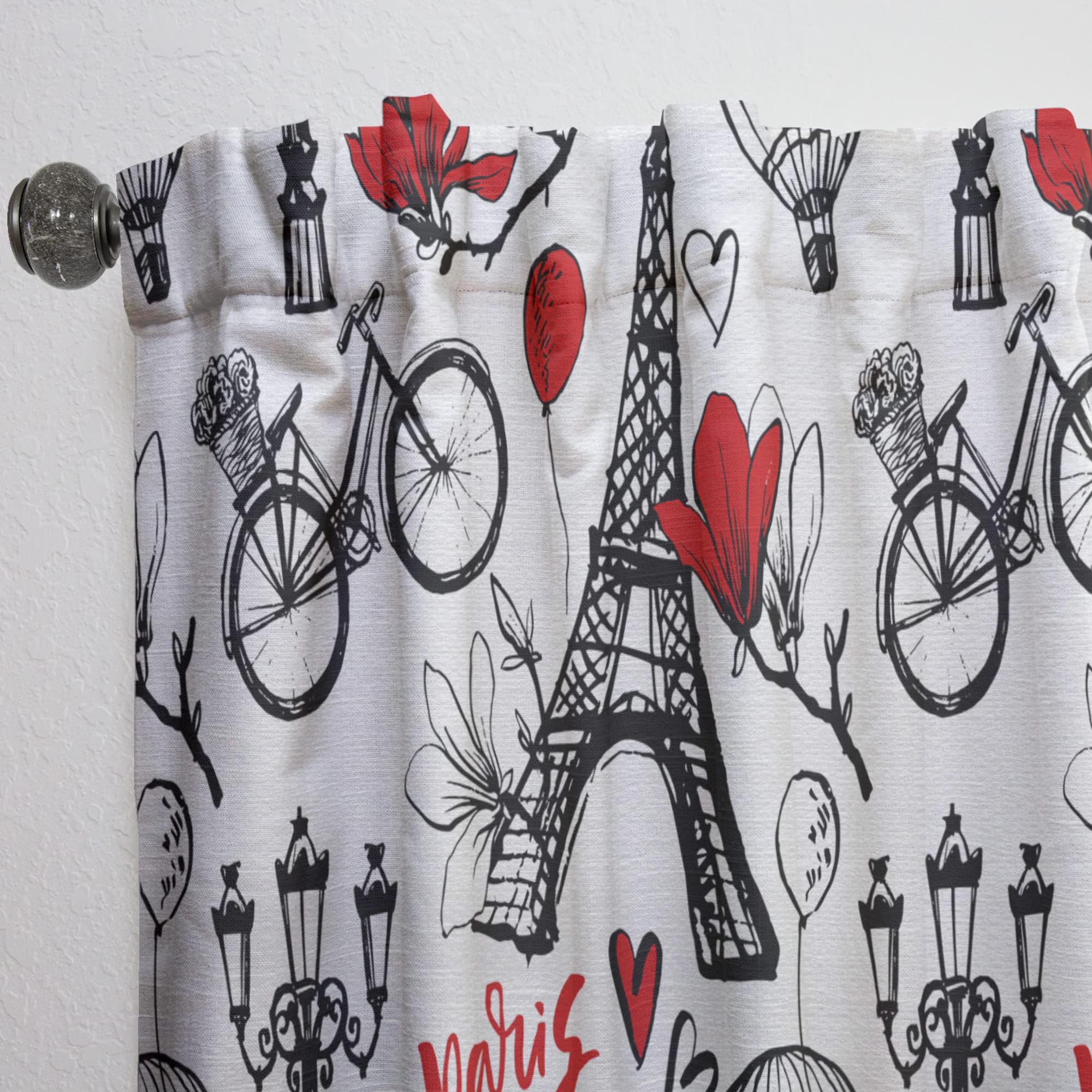 DesignQ Paris Eiffel Red Hearts Thermal Insulated Curtains - Single Panel 52x84 - Elegant Window Treatments for Bedroom & Living Room | Perfect for Home Decor & Temperature Control