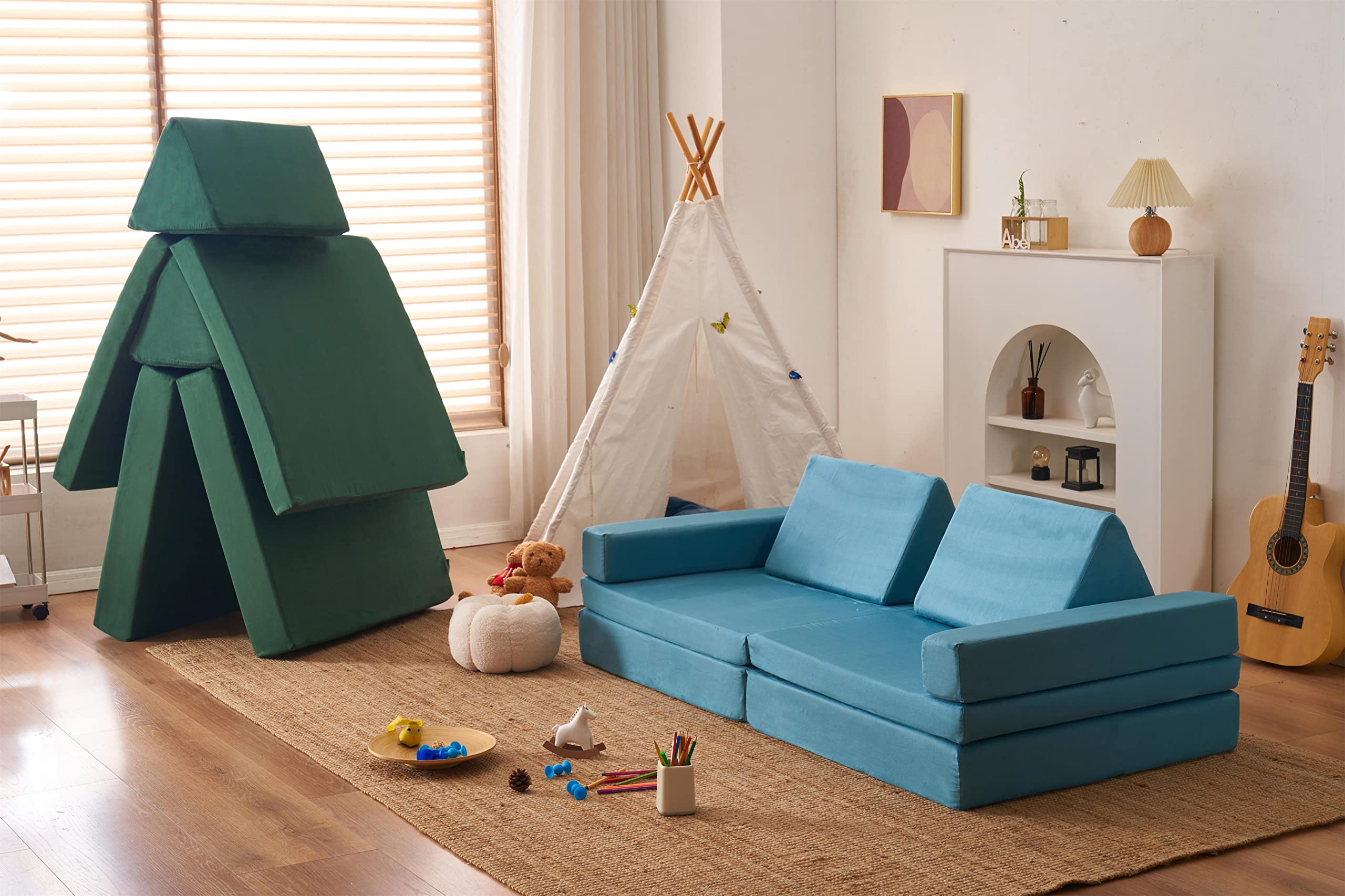 Jela Kids Couch Extended Size 8PCS Modular Play Sofa for Family - Light Blue Foam Furniture for Kids & Adults, 66