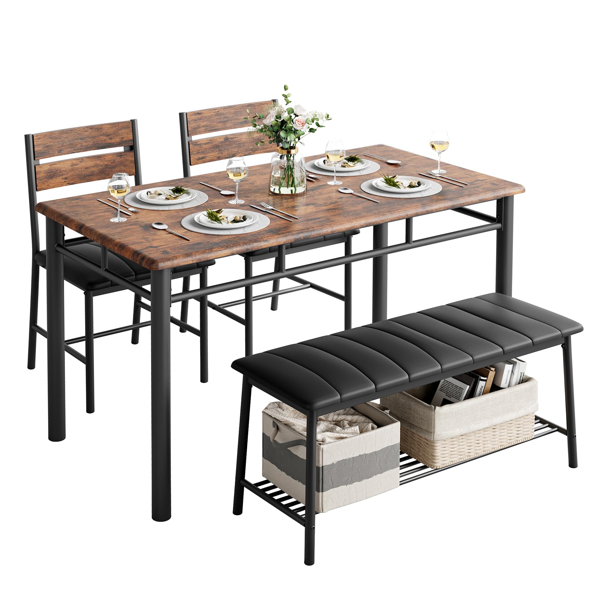 IRONCK 4-Piece Rustic Brown Dining Table Set with Upholstered Bench & 2 Chairs - Compact Kitchen Table for Small Spaces, Apartments - Perfect for Breakfast Nooks, Cozy Meals & Entertaining Guests