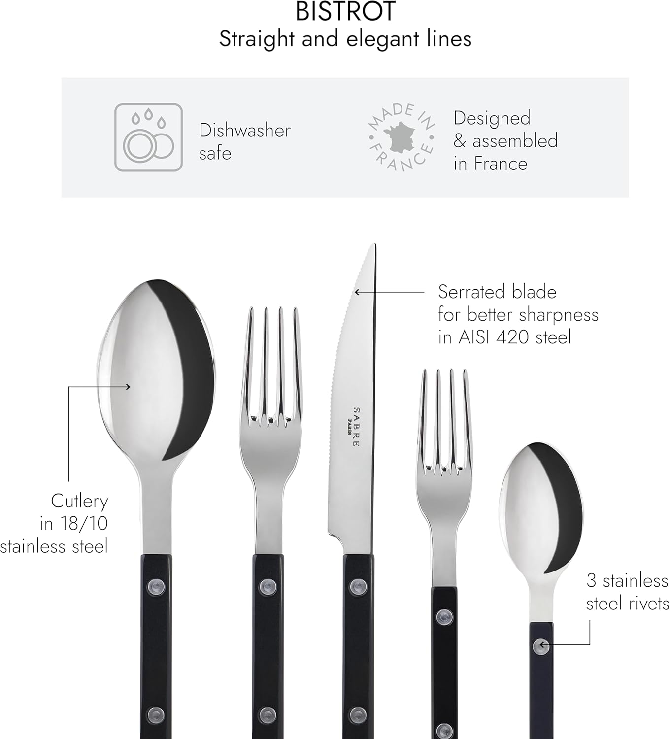 20-Piece Flatware Set for 4 - Bistro Collection - Stainless Steel & Nylon Cutlery with Knife, Fork, Spoon & Dessert Fork - Dishwasher Safe Black Silverware - Perfect for Dining, Parties & Everyday Use