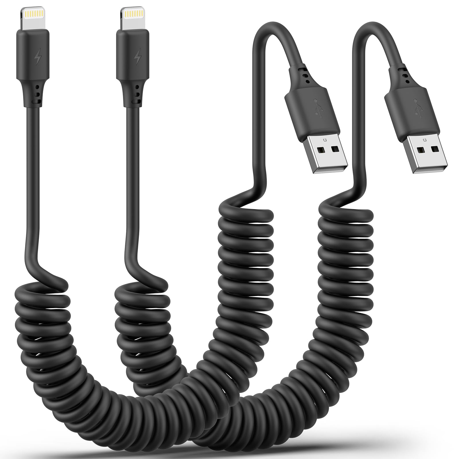 MFi Certified Coiled Lightning Cable 3FT 2Pack - Fast Charging Stretchable iPhone Cord for Car, iPhone 14/13/12/11 Pro Max/XS/8 & iPad - Perfect for CarPlay, Commuting & Travel Charging