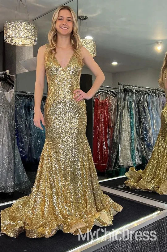 Elegant Gold Sequin V-Neck Mermaid Evening Dress for Women - Backless Formal Gown for Prom, Party & Special Occasions