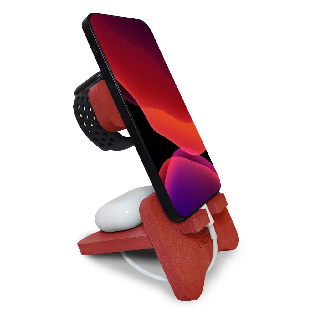 Premium MDF Wooden Phone Stand for Desk - Orange Cell Phone Holder Compatible with iPhone, Apple Watch & AirPods - Stylish Office & Home Desktop Accessory for Men & Women - Perfect for Work, Study & Charging Organization
