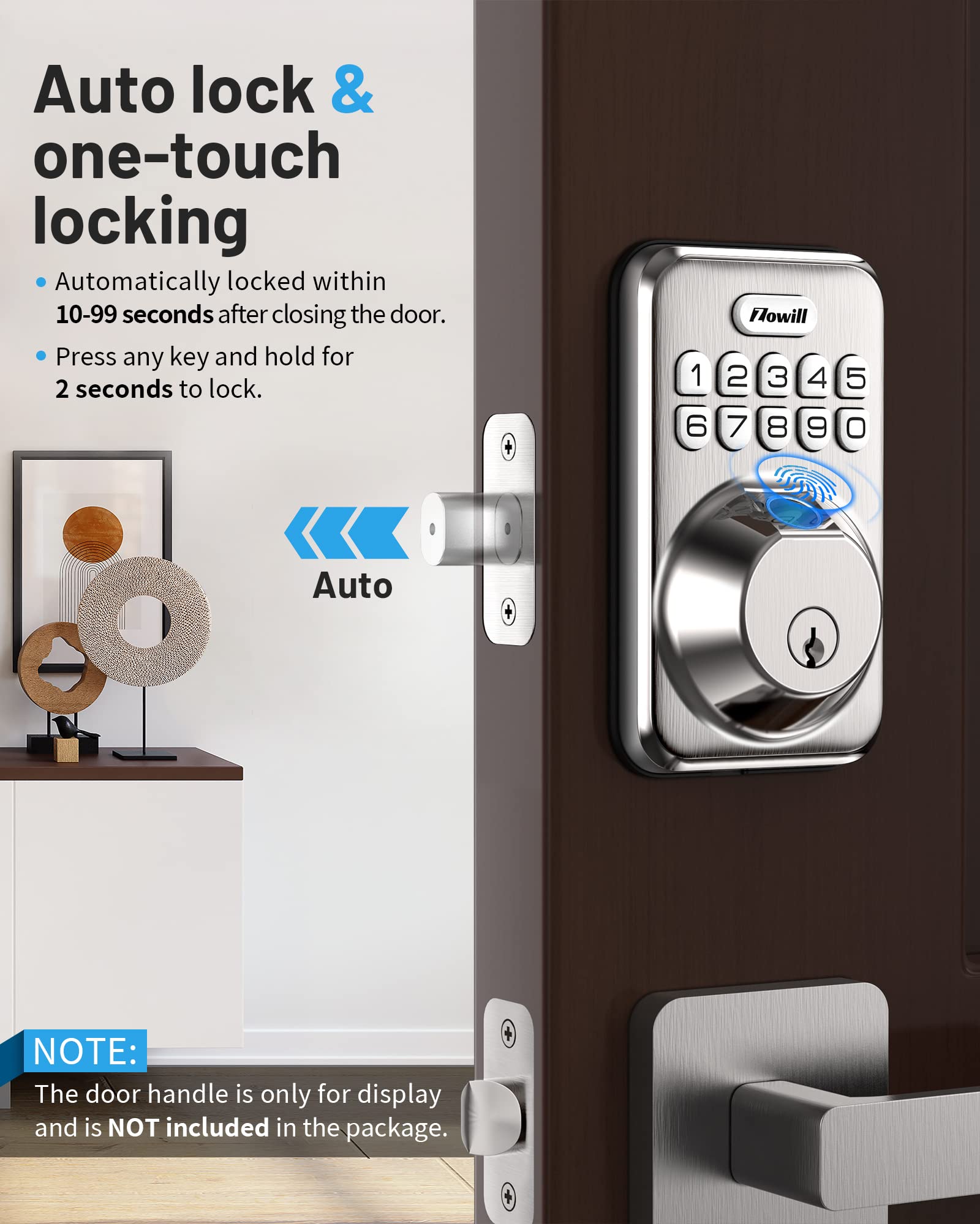 Zowill Smart Fingerprint Door Lock - Keyless Entry Deadbolt with 20 Biometric Fingerprints, Auto Lock & One-Touch Locking - Easy Install Electronic Keypad - Satin Nickel Finish | Perfect for Homes, Apartments, Offices & Vacation Rentals