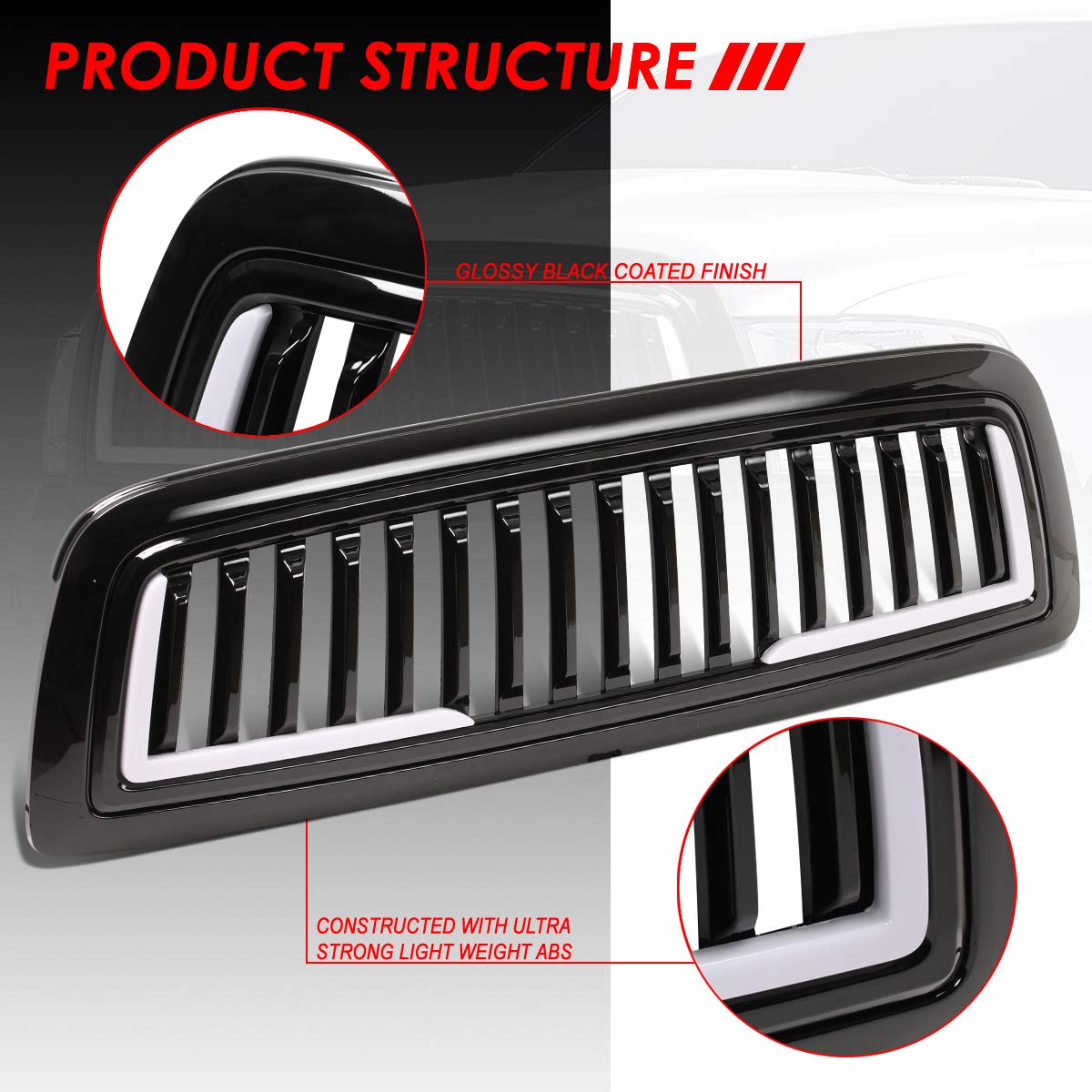 Auto Dynasty U-LED DRL Badgeless Vertical Slat Glossy Front Bumper Hood Grille for Dodge Ram 1500 DS/DJ/D2 (2009-2012) - Upgrade Your Truck's Style & Visibility for Daily Driving & Off-Road Adventures