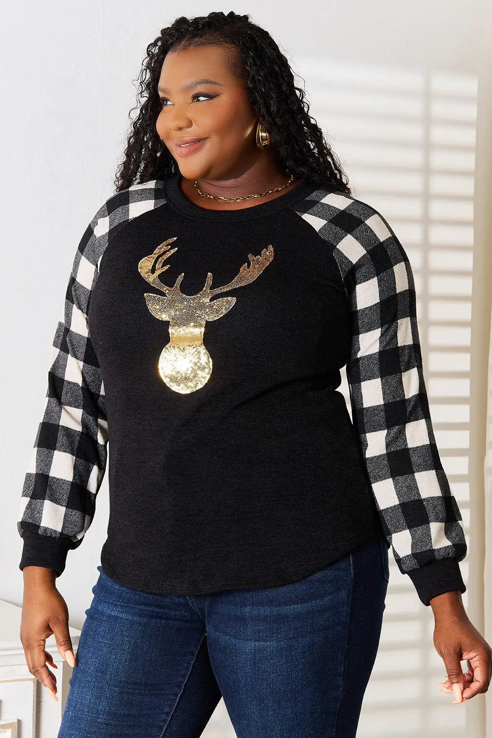 Heimish Women's Full Size Sequin Reindeer Graphic Plaid Blouse - Christmas Party, Holiday Outfit, Festive Fashion Top for Women