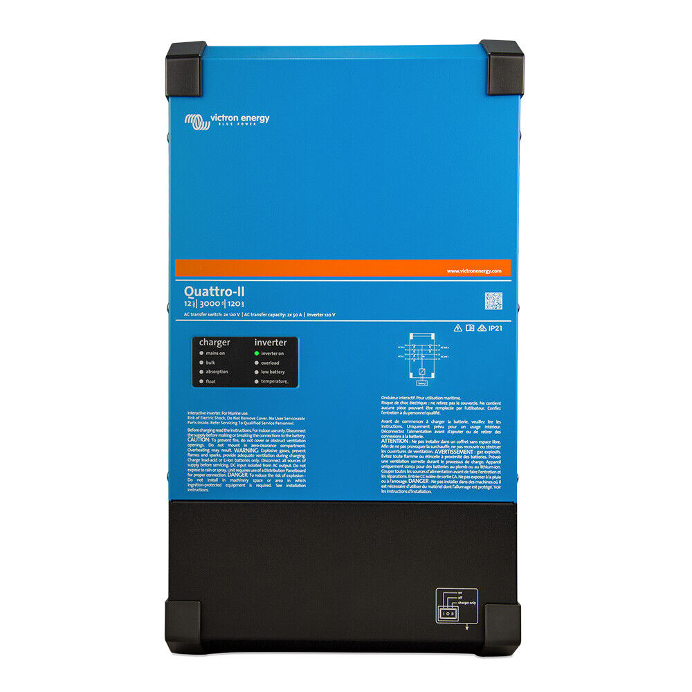 Victron Energy Quattro II 24V 3000VA 70A 50/50 2x120V Inverter Charger - Perfect for RVs, Boats & Off-Grid Solar Power Systems