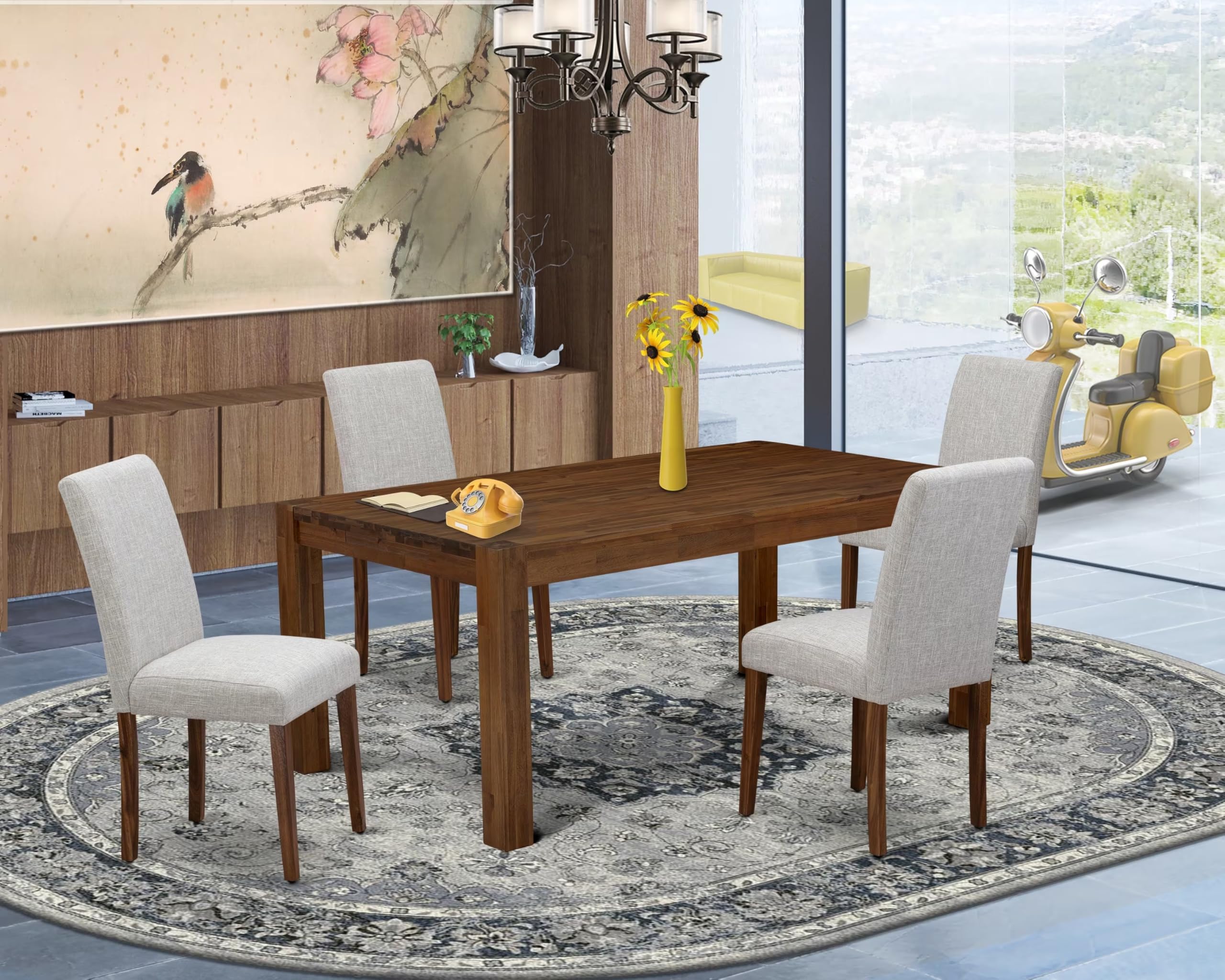East West Furniture LMAB5-NN-35 5-Piece Rustic Wood Dining Set with Rectangle Table & 4 Linen Fabric Chairs, 40x72 Inch, Natural - Perfect for Farmhouse Kitchens, Small Dining Rooms & Cozy Family Meals