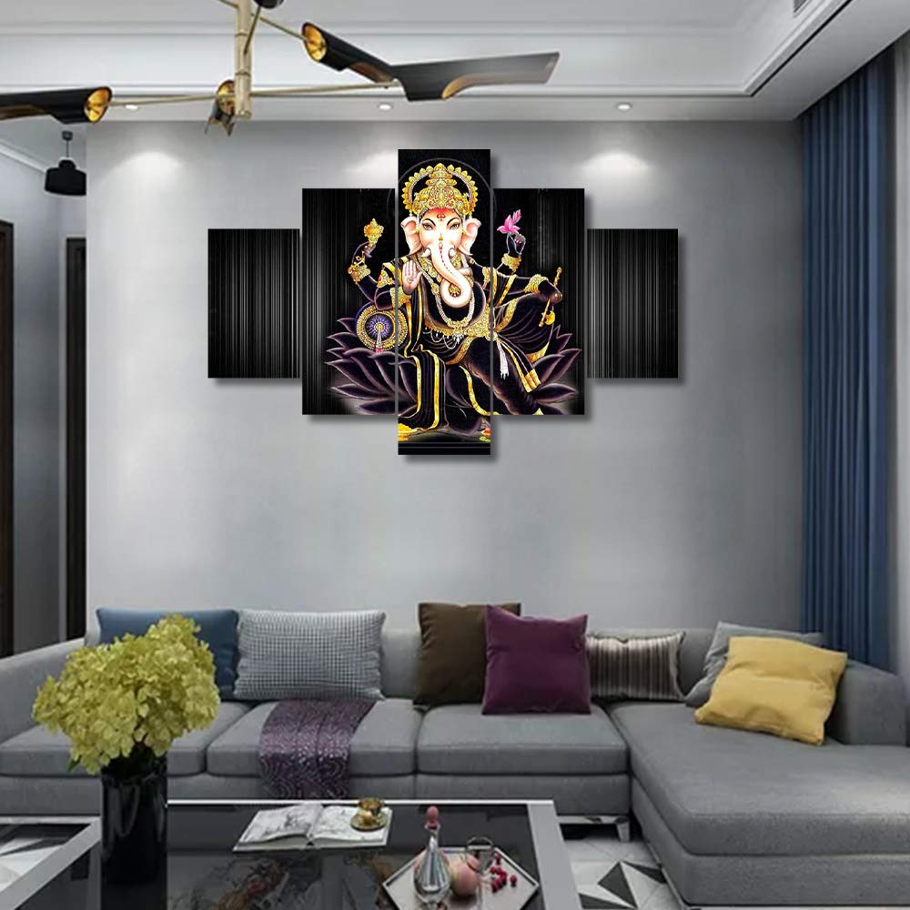 Lord Ganesha Hindu God Wall Art - 5 Piece Canvas Painting Set with Wooden Frame (60