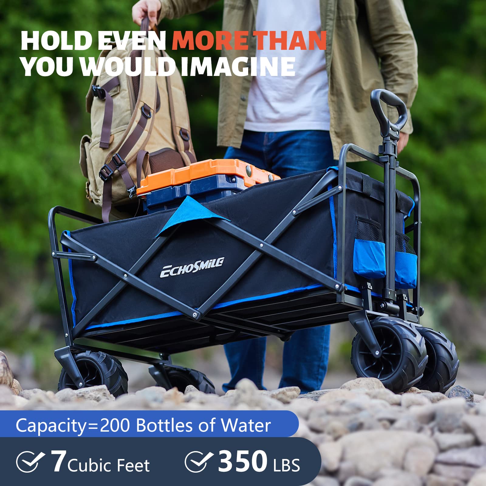 EchoSmile Heavy Duty 350 Lbs Capacity Collapsible Wagon - All Terrain Folding Utility Cart with Big Wheels for Camping, Beach, Grocery Shopping, Sports & Outdoor Activities