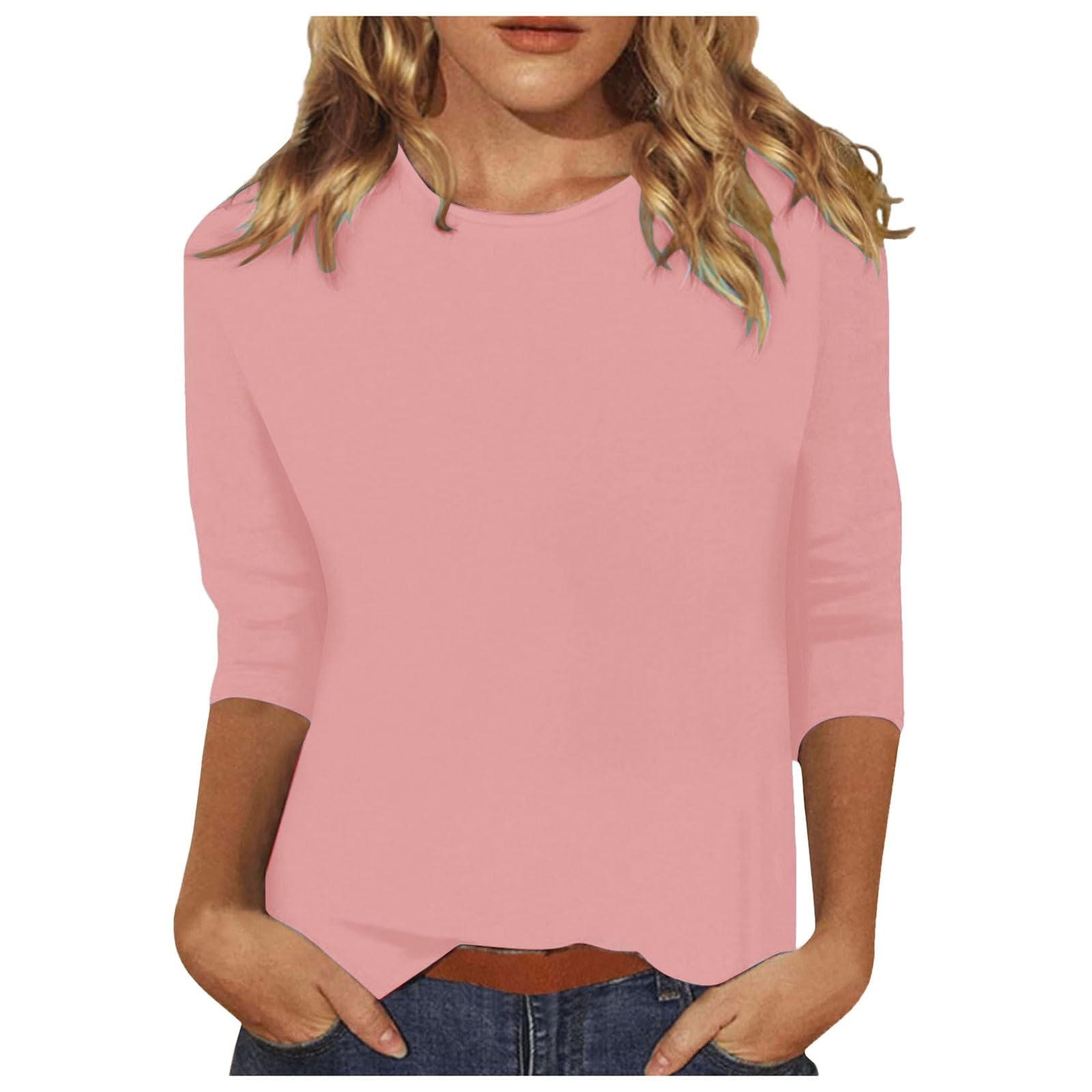 Women's Summer Casual 3/4 Sleeve T-Shirts - Round Neck Cute Tunic Tops & Basic Blouses - Plus Size Comfortable Tees for Everyday Wear, Outings & Vacation