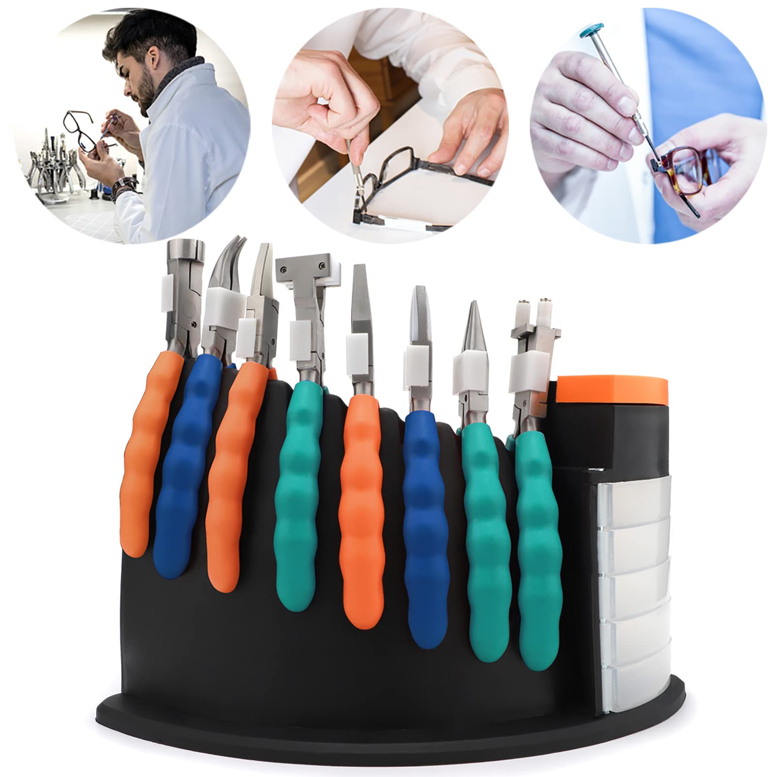 Professional Glasses Repair Kit - 6 Magnetic Screwdrivers & 8 Eyeglass Pliers with Stand Holder - Optical Lens Adjustment Tools for Eyeglasses, Sunglasses & Reading Glasses - Perfect for Home, Office & Travel Use