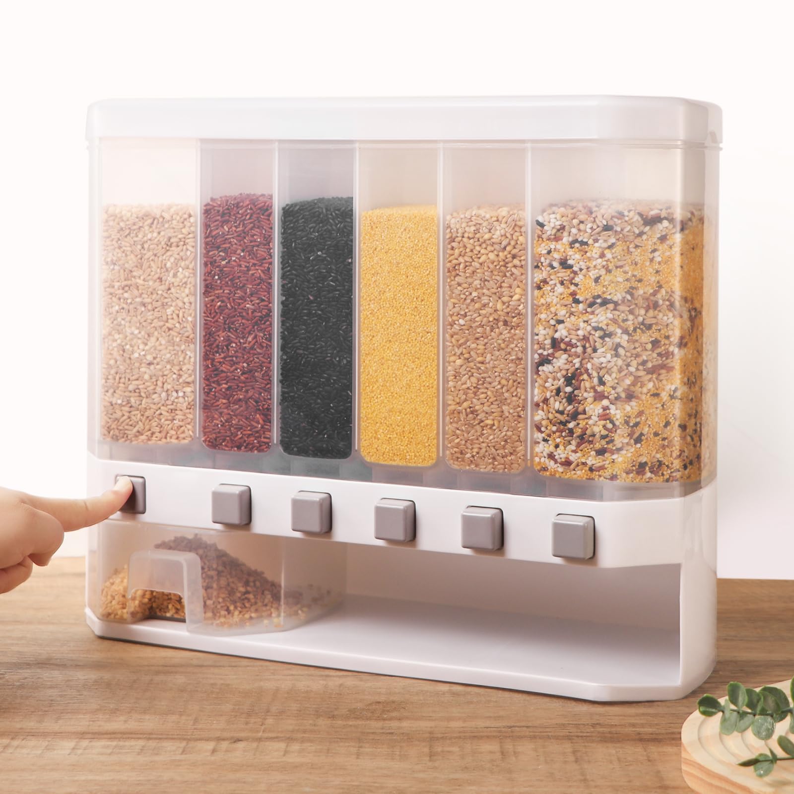 25lbs Grain Dispenser with Measuring Cup - 6 Grid Dry Food Storage Container for Rice, Snacks & Kitchen Organization | Perfect for Pantry, Restaurant & Bulk Food Storage