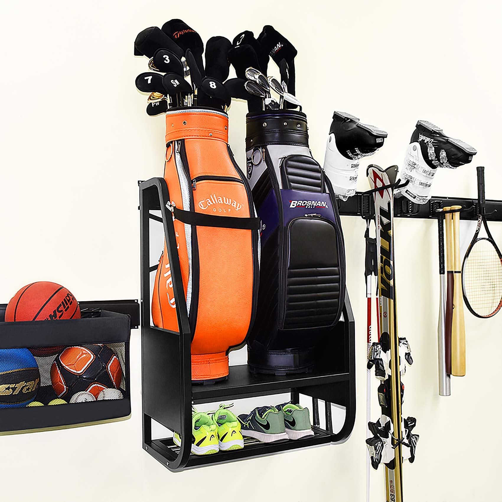 Extra Large Wall Mount Golf Bag Organizer - Holds 2 Golf Bags, Stands & Accessories - Heavy Duty Golf Equipment Storage Rack for Garage, Shed, Basement or Man Cave - Perfect for Golf Enthusiasts & Home Organization